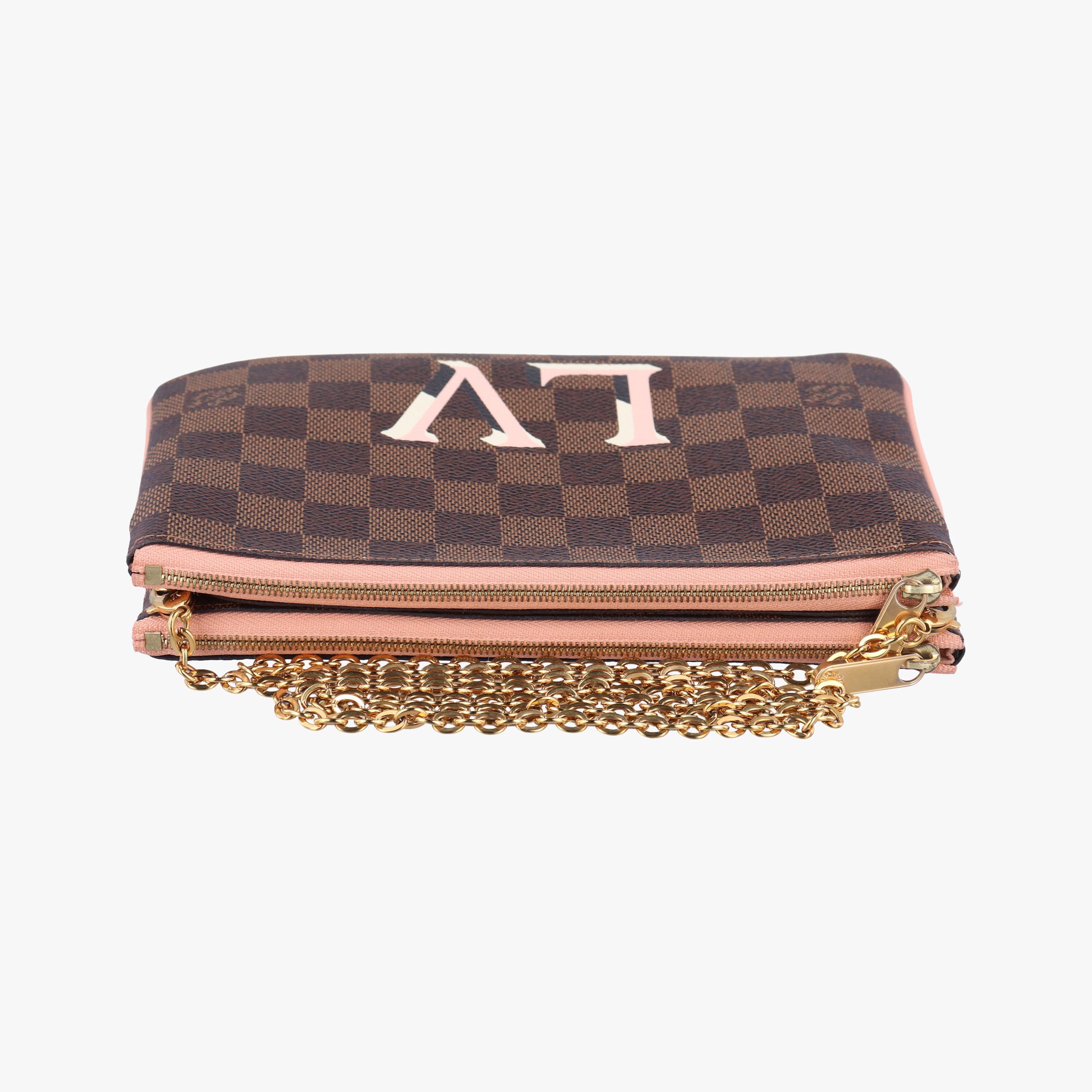 Pre-owned Louis Vuitton Pochette Double Zip EBENE×Rose Ballerine Damier Canvas N60254 shoulderbag | stylenewstar