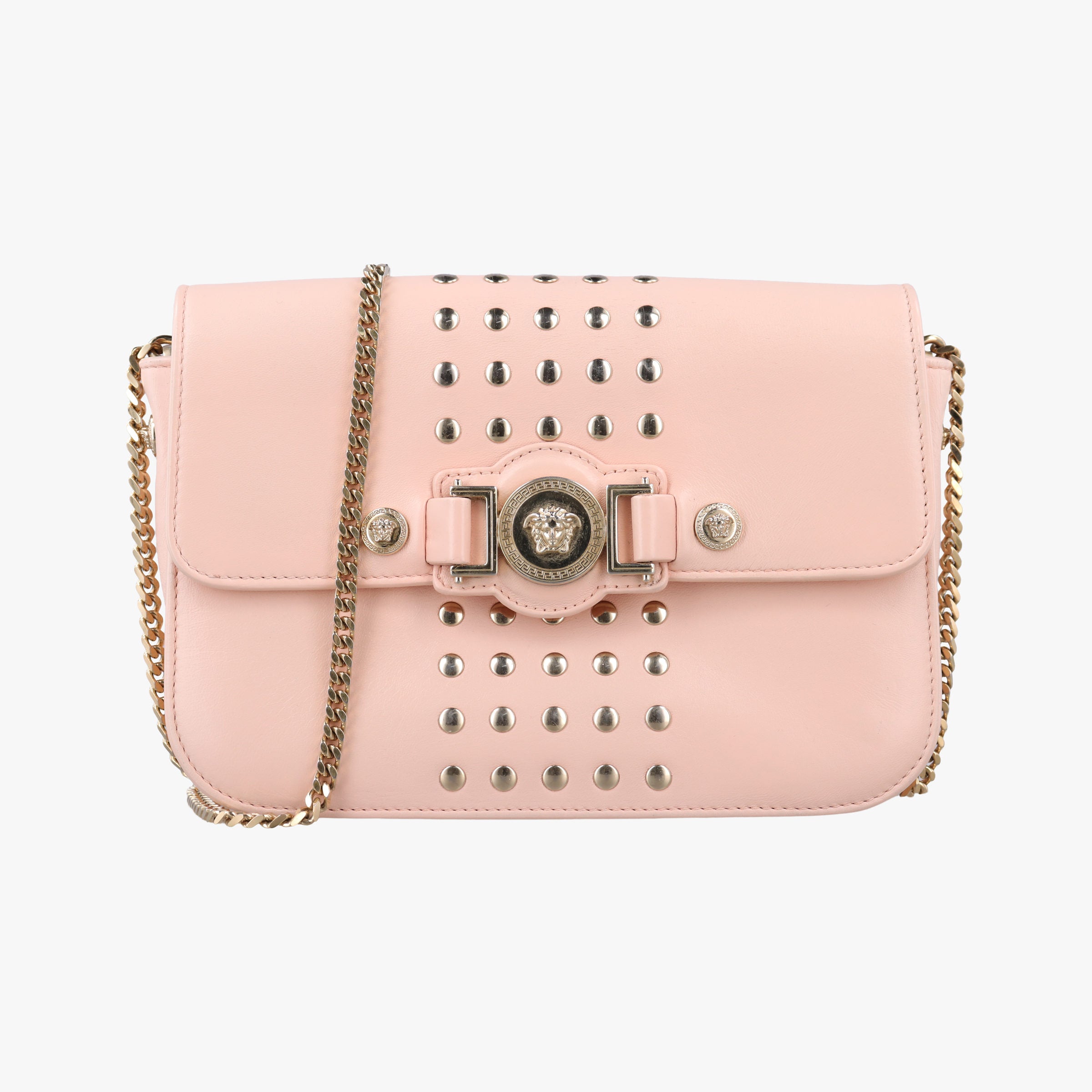 Pre-owned VERSACE Studded Medusa Medallion Pink Leather  shoulderbag | stylenewstar
