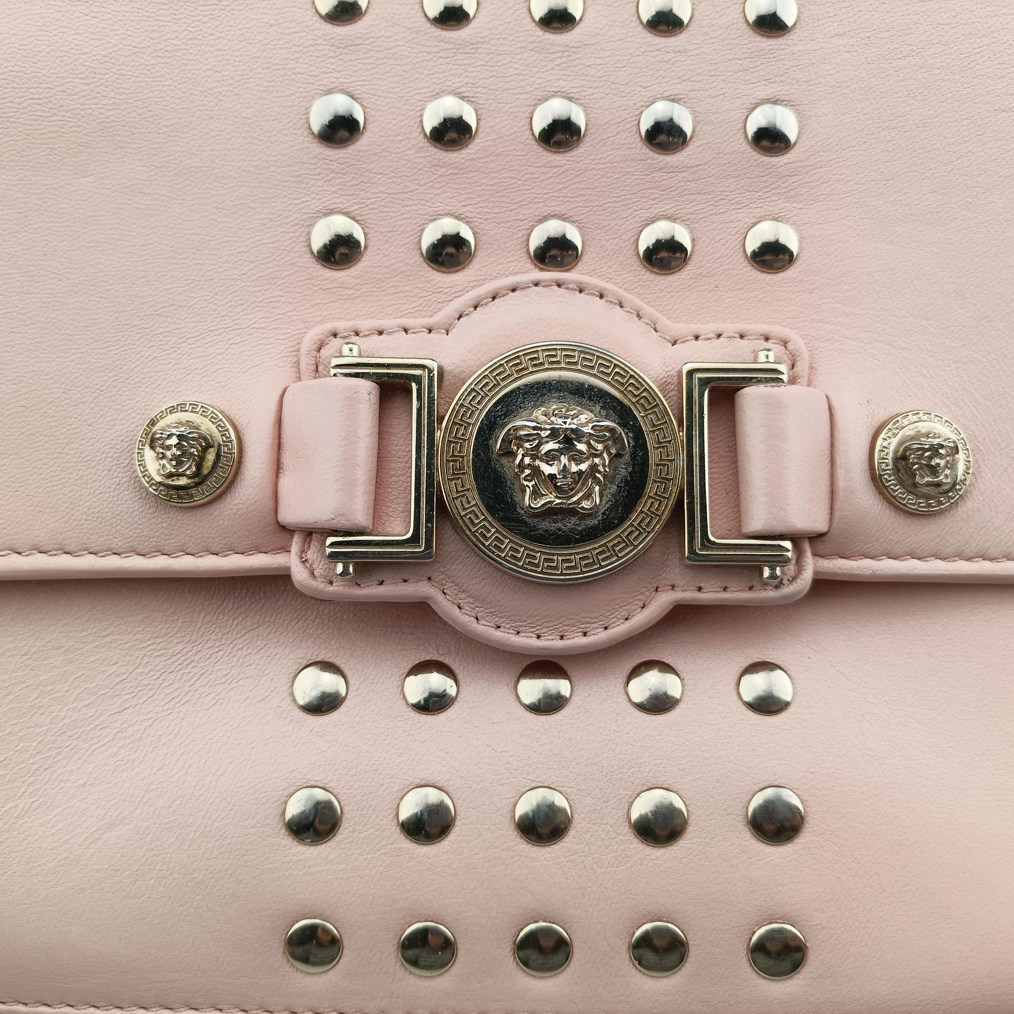 Pre-owned VERSACE Studded Medusa Medallion Pink Leather  shoulderbag | stylenewstar