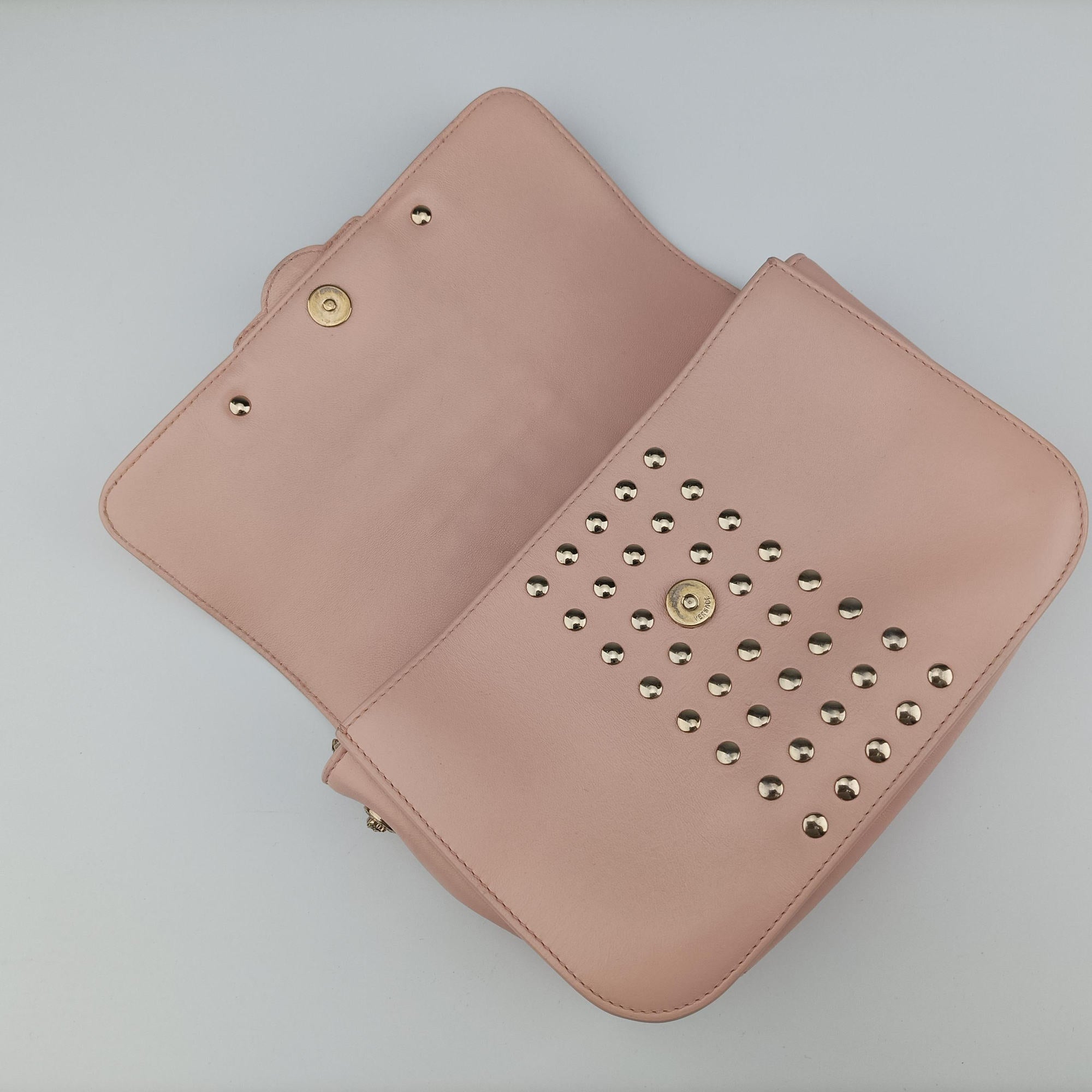 Pre-owned VERSACE Studded Medusa Medallion Pink Leather  shoulderbag | stylenewstar