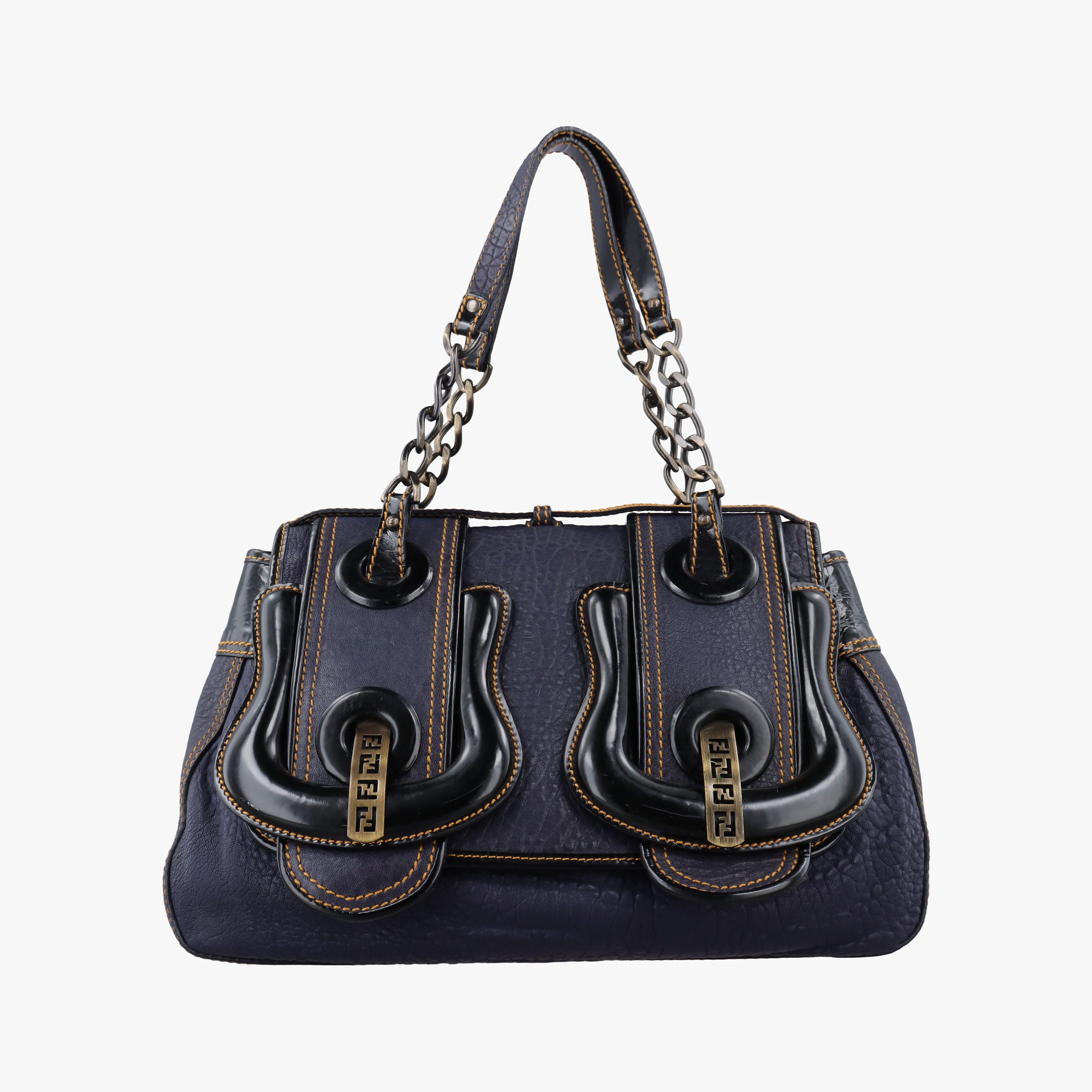Pre-owned Fendi B Bag Black×Navy Leather×patent 8BN165 handbag | stylenewstar