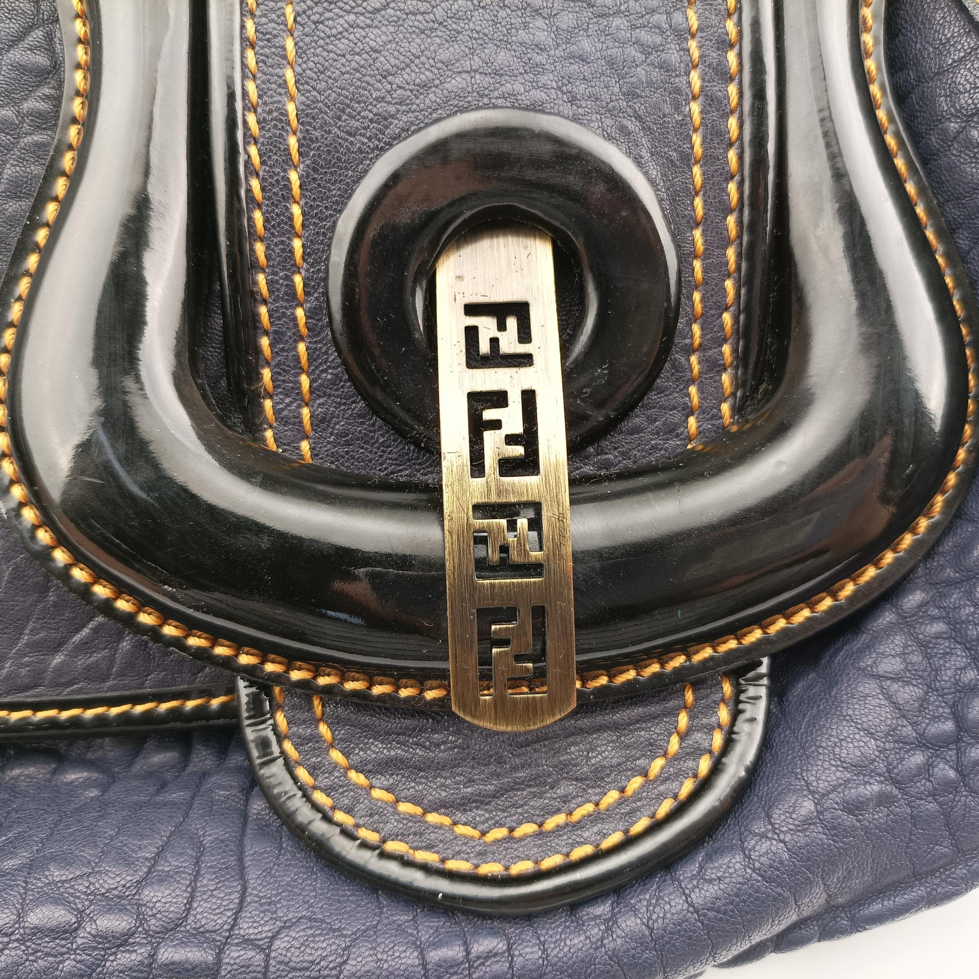 Pre-owned Fendi B Bag Black×Navy Leather×patent 8BN165 handbag | stylenewstar