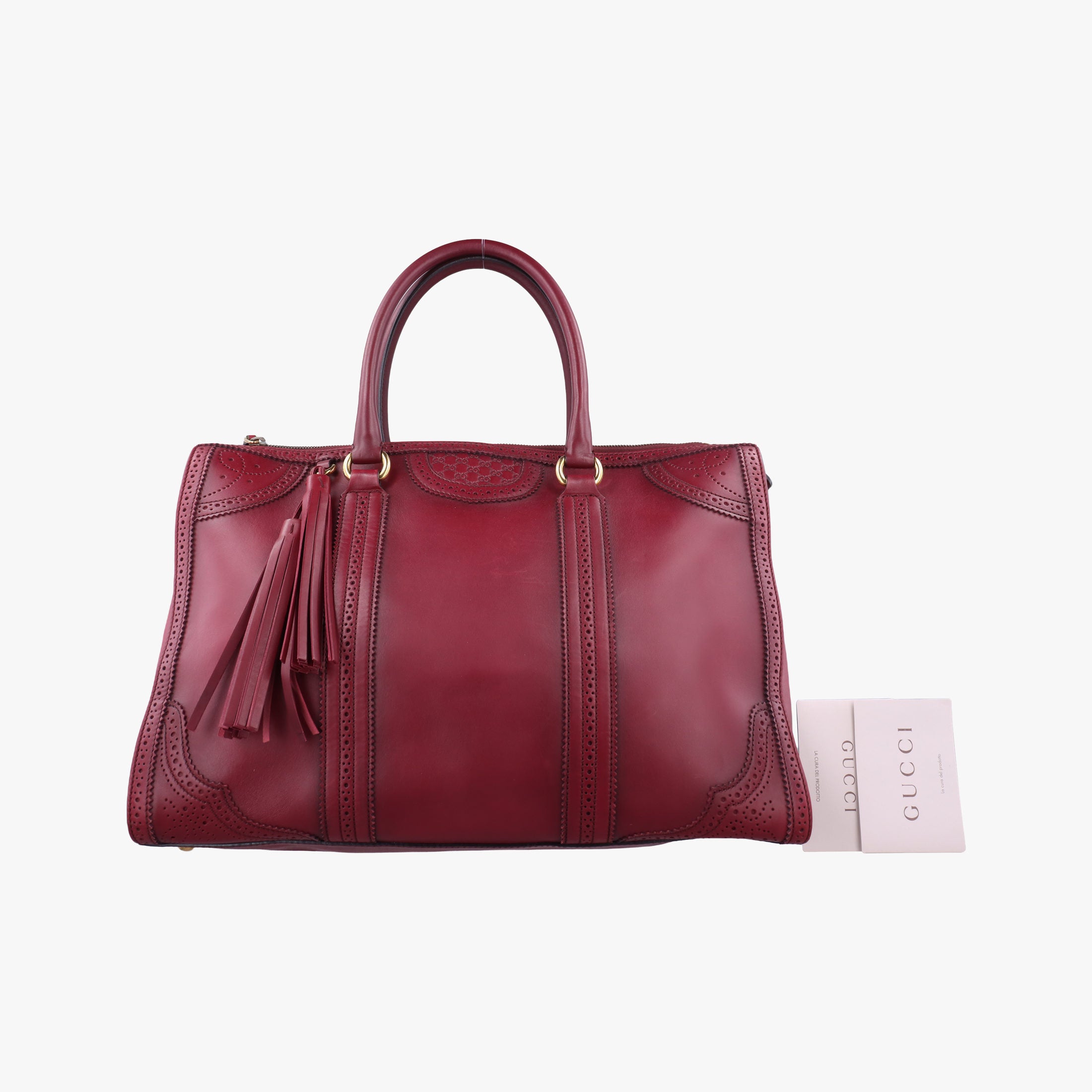 Pre-owned Gucci Duilio Brogue Burgundy Leather 296903 handbag | stylenewstar