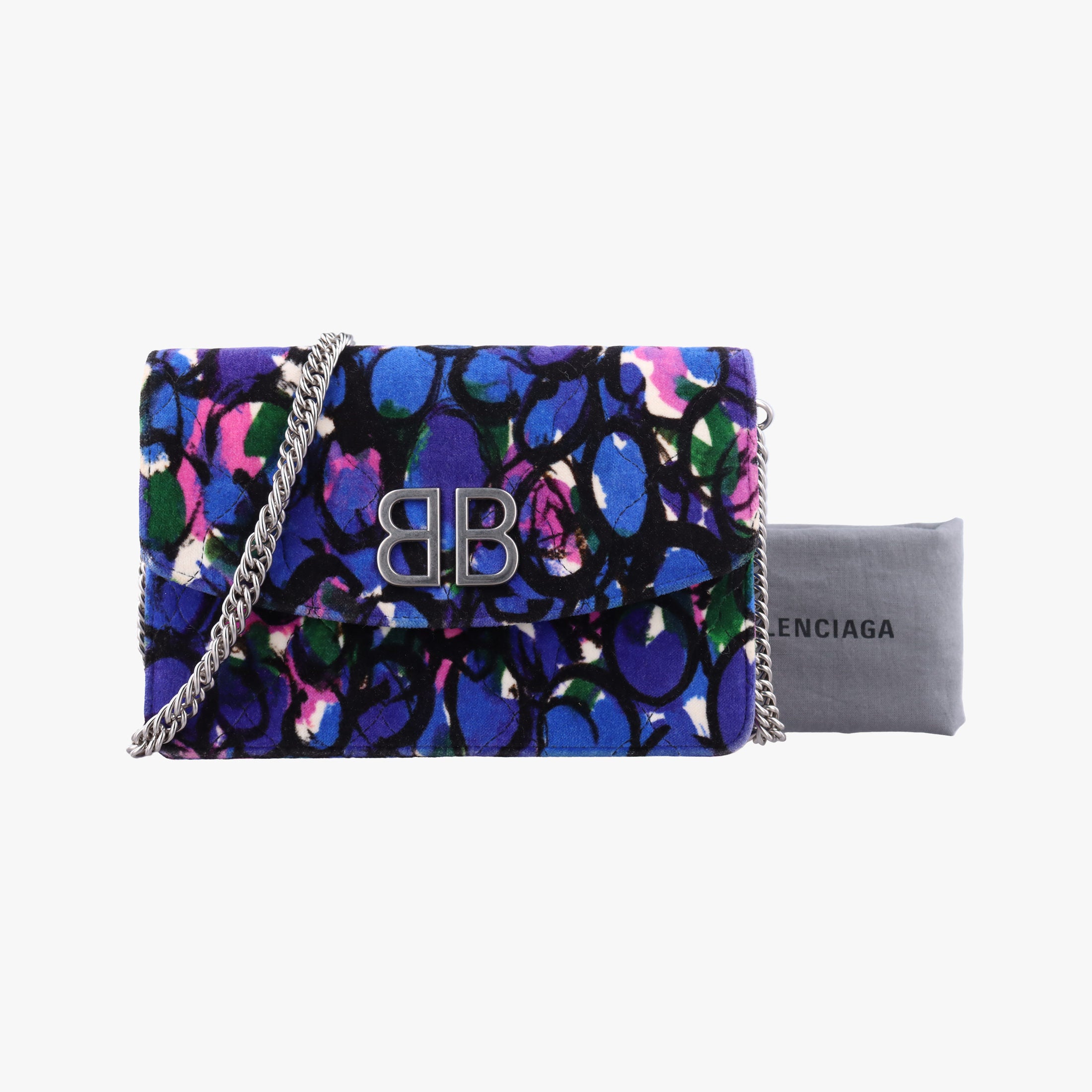 Pre-owned Balenciaga Floral Print BB Wallet Chain purple×Multicolour Velvet  shoulderbag | stylenewstar