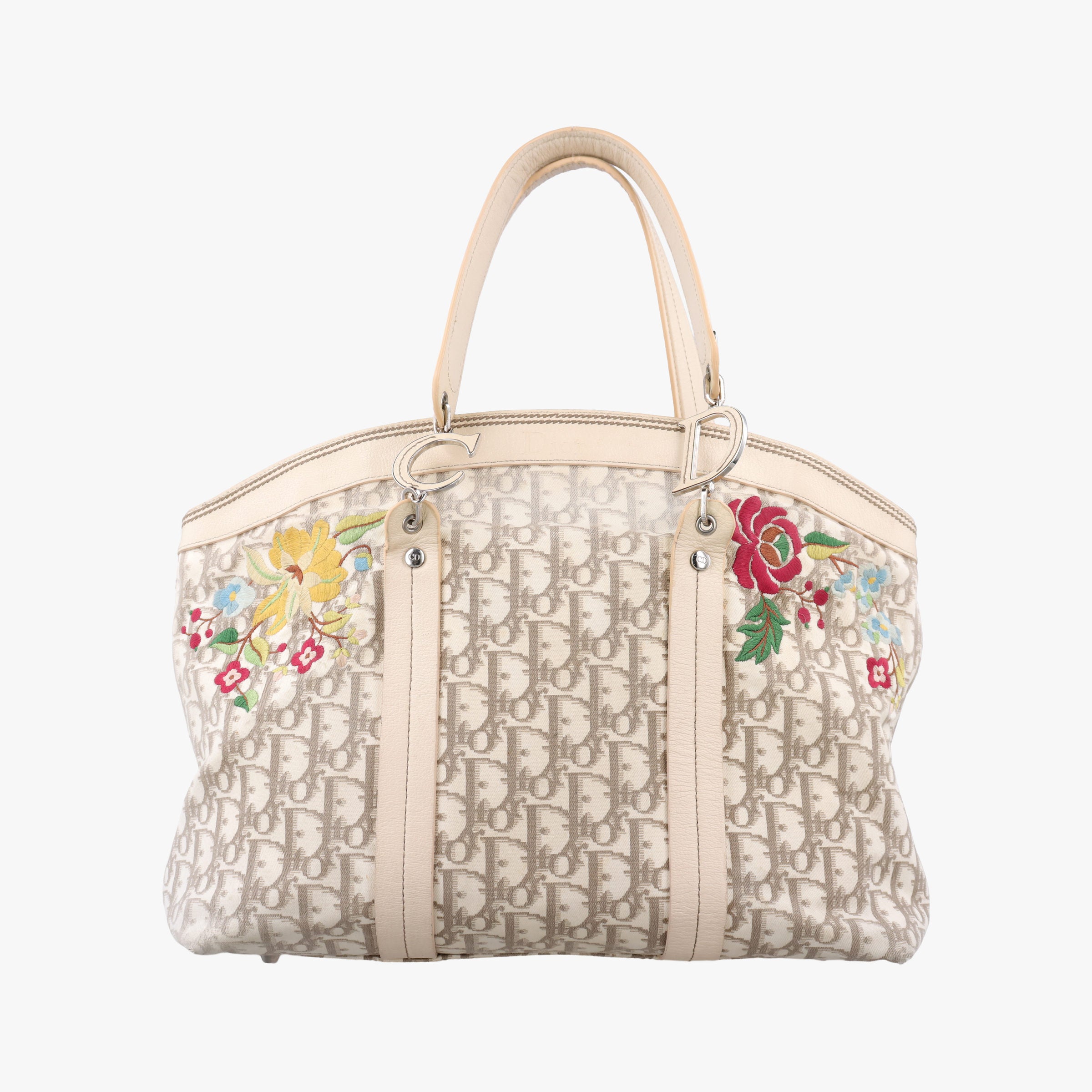 Pre-owned Christian Dior Trotter Flower Line White x Beige x Multicolor Canvas × Leather  handbag | stylenewstar
