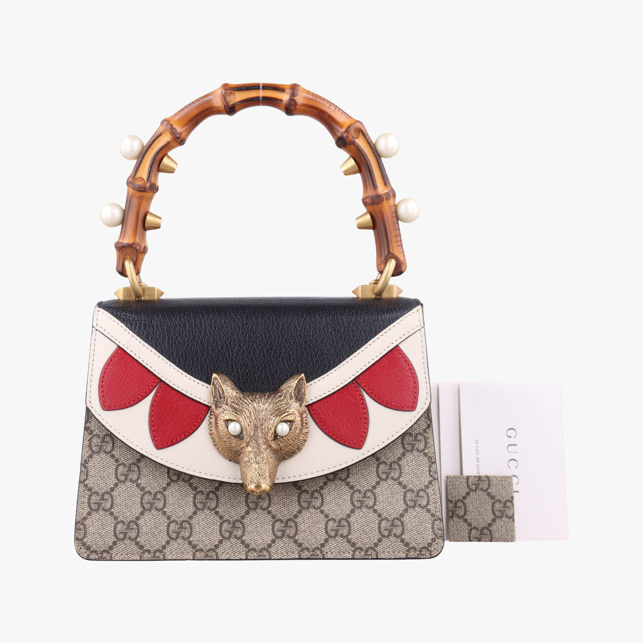 Pre-owned Gucci Fox Brooch Bamboo Beige×Multicolour PVC coated canvas×leather 466428 handbag | stylenewstar