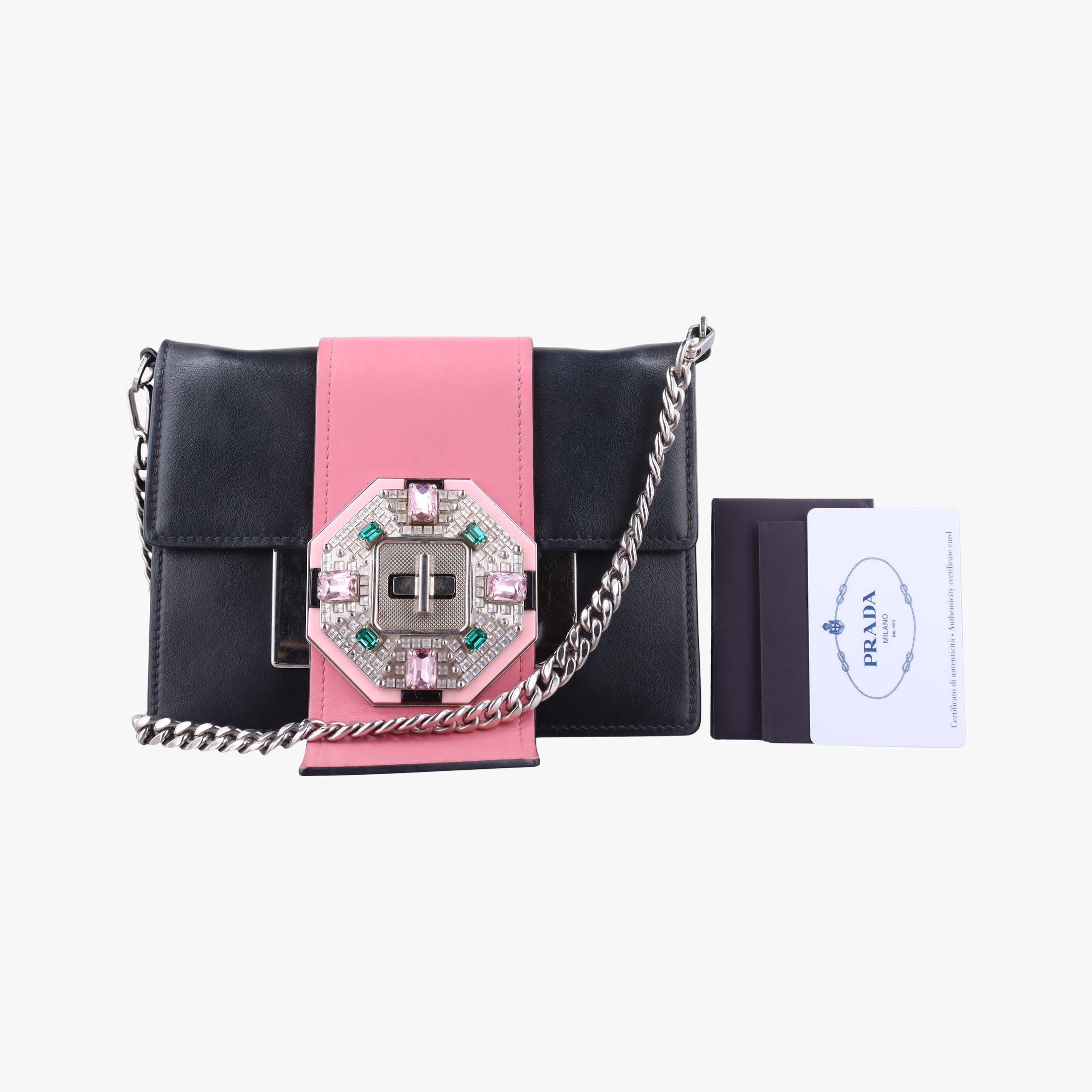Pre-owned Prada Crystal Ribbons Pink×Black×Multicolour Leather 1BD067 shoulderbag | stylenewstar