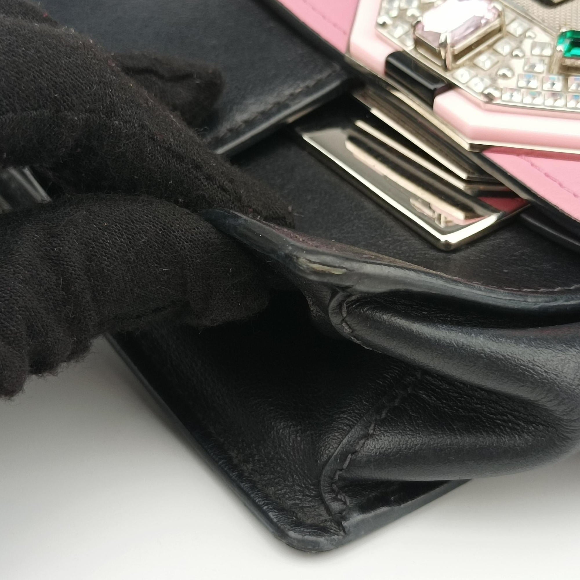 Pre-owned Prada Crystal Ribbons Pink×Black×Multicolour Leather 1BD067 shoulderbag | stylenewstar