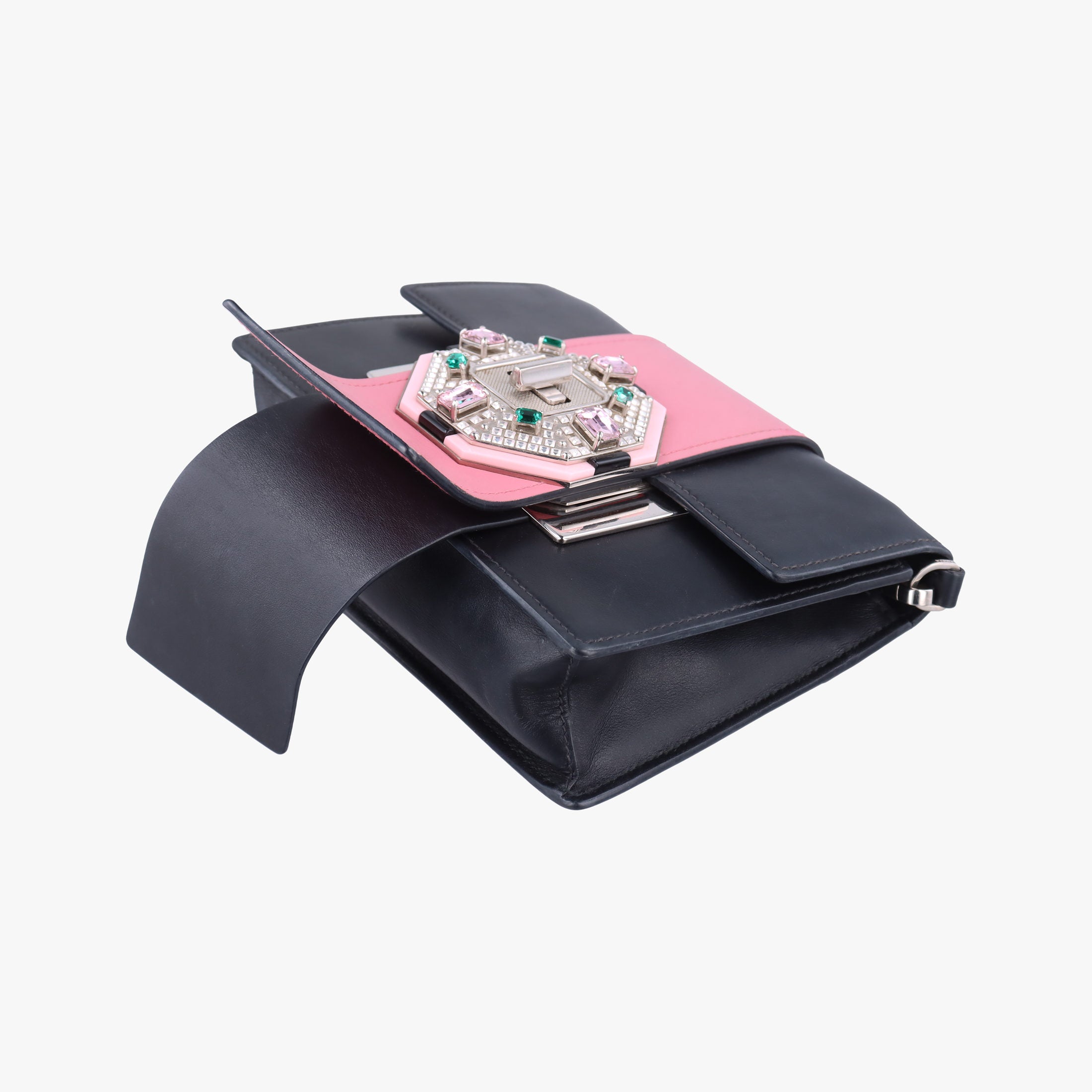 Pre-owned Prada Crystal Ribbons Pink×Black×Multicolour Leather 1BD067 shoulderbag | stylenewstar