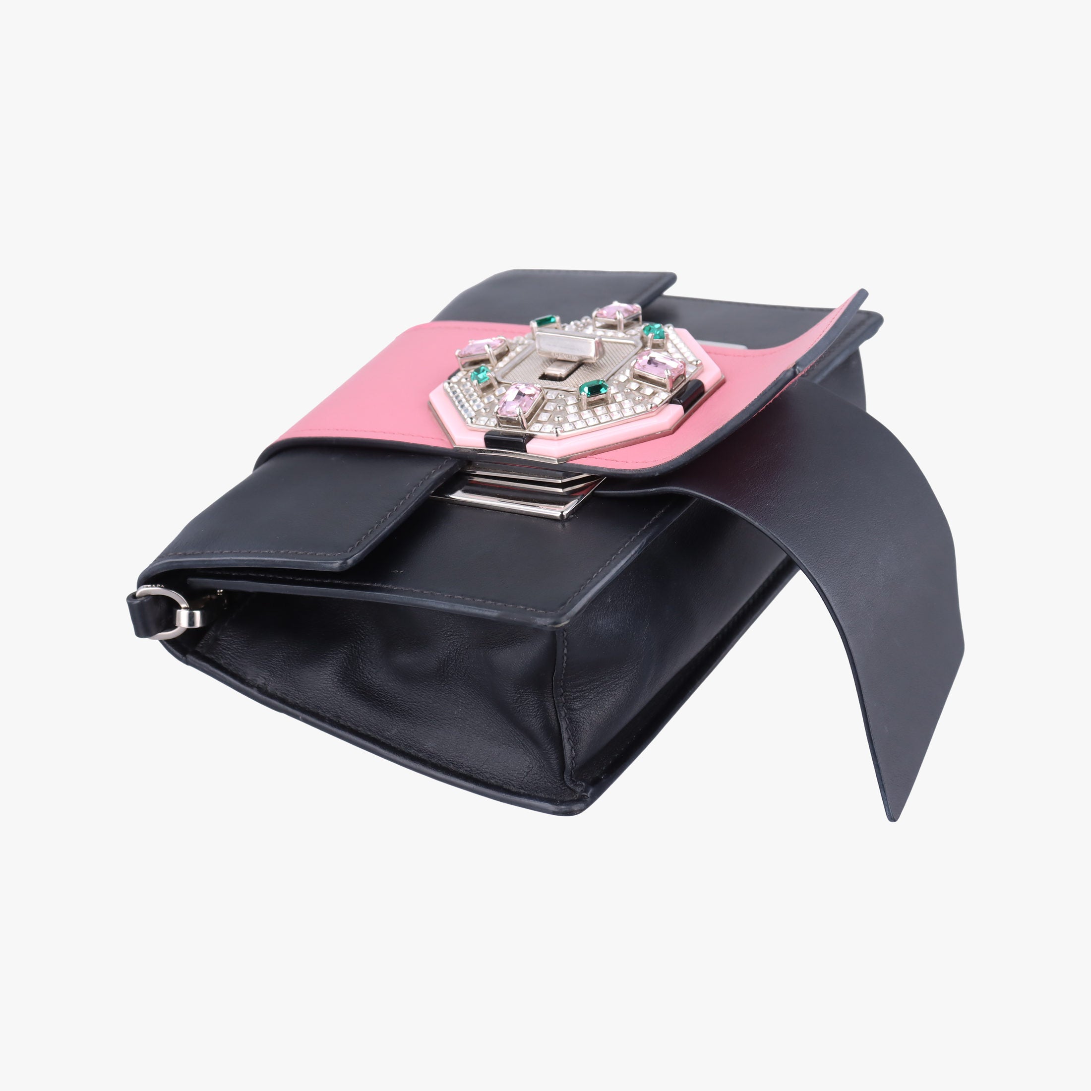Pre-owned Prada Crystal Ribbons Pink×Black×Multicolour Leather 1BD067 shoulderbag | stylenewstar