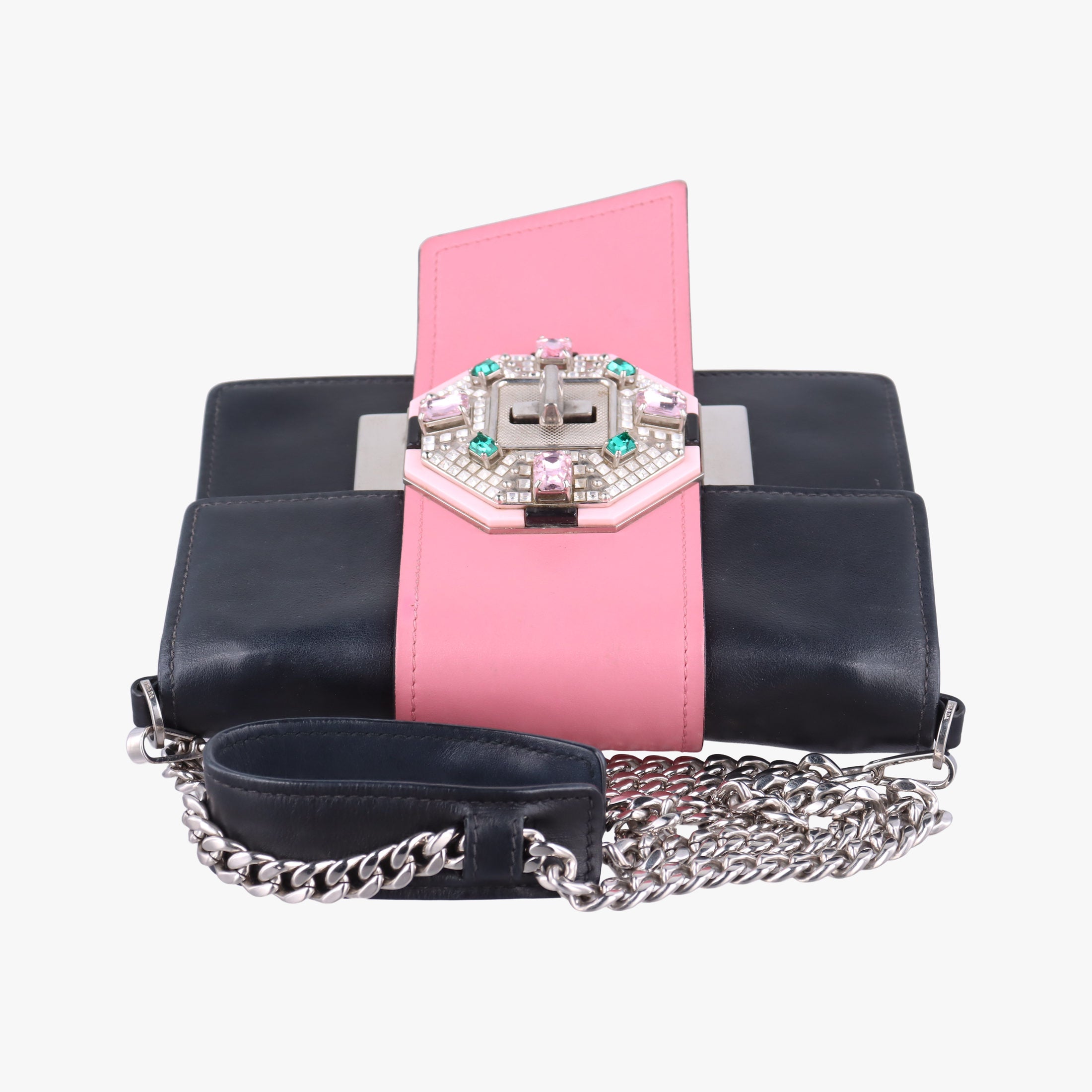 Pre-owned Prada Crystal Ribbons Pink×Black×Multicolour Leather 1BD067 shoulderbag | stylenewstar