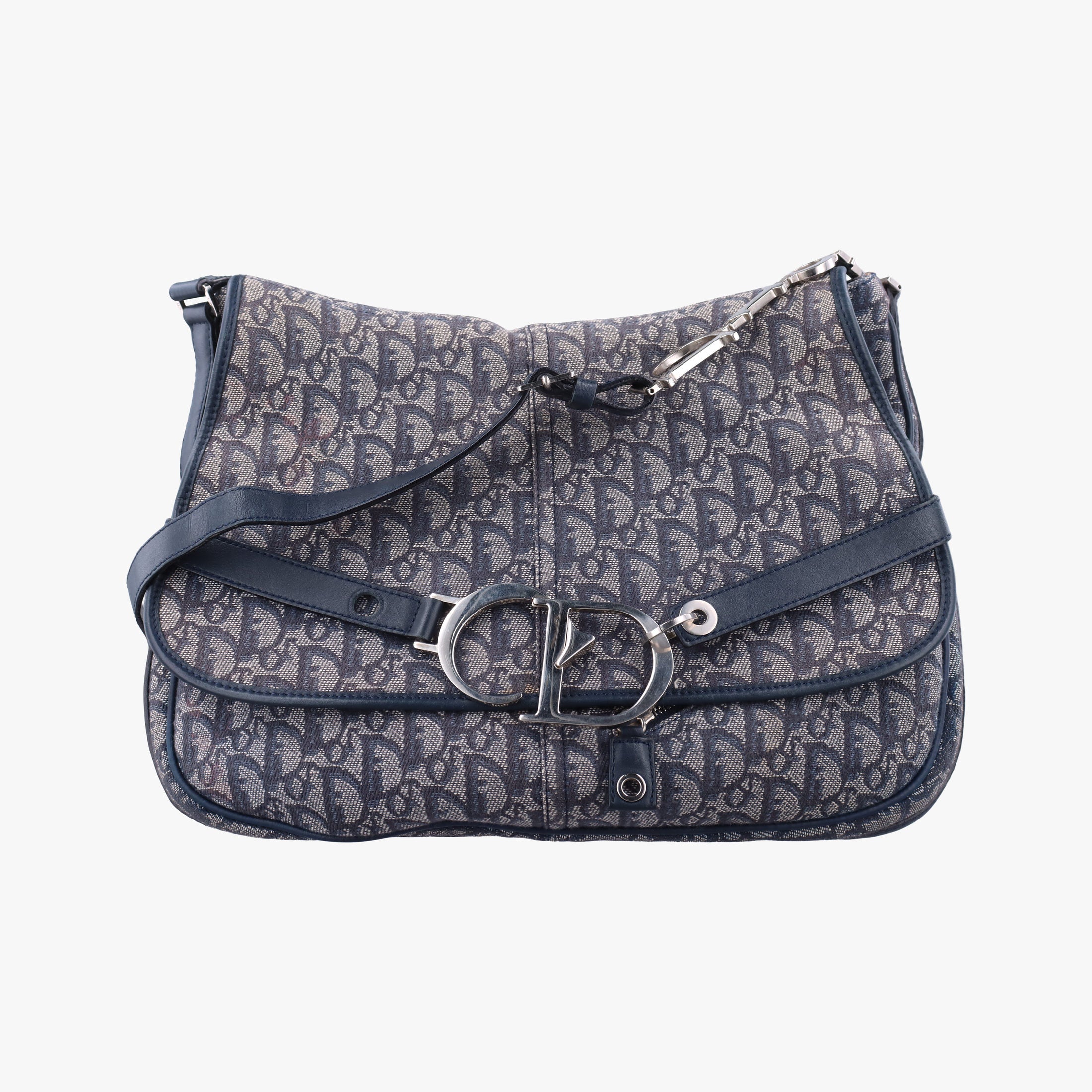 Pre-owned Christian Dior CD Logo Trotter Navy×Grey Jacquard×Leather  shoulderbag | stylenewstar