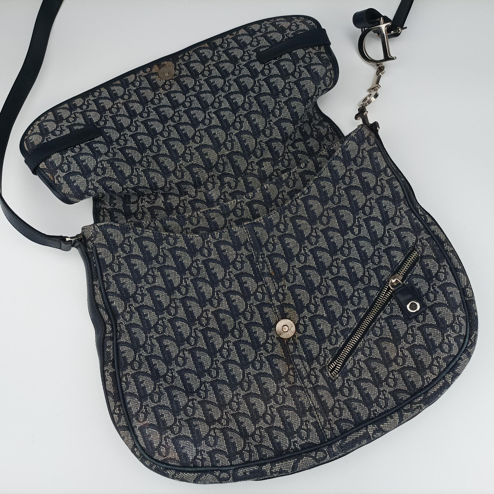 Pre-owned Christian Dior CD Logo Trotter Navy×Grey Jacquard×Leather  shoulderbag | stylenewstar
