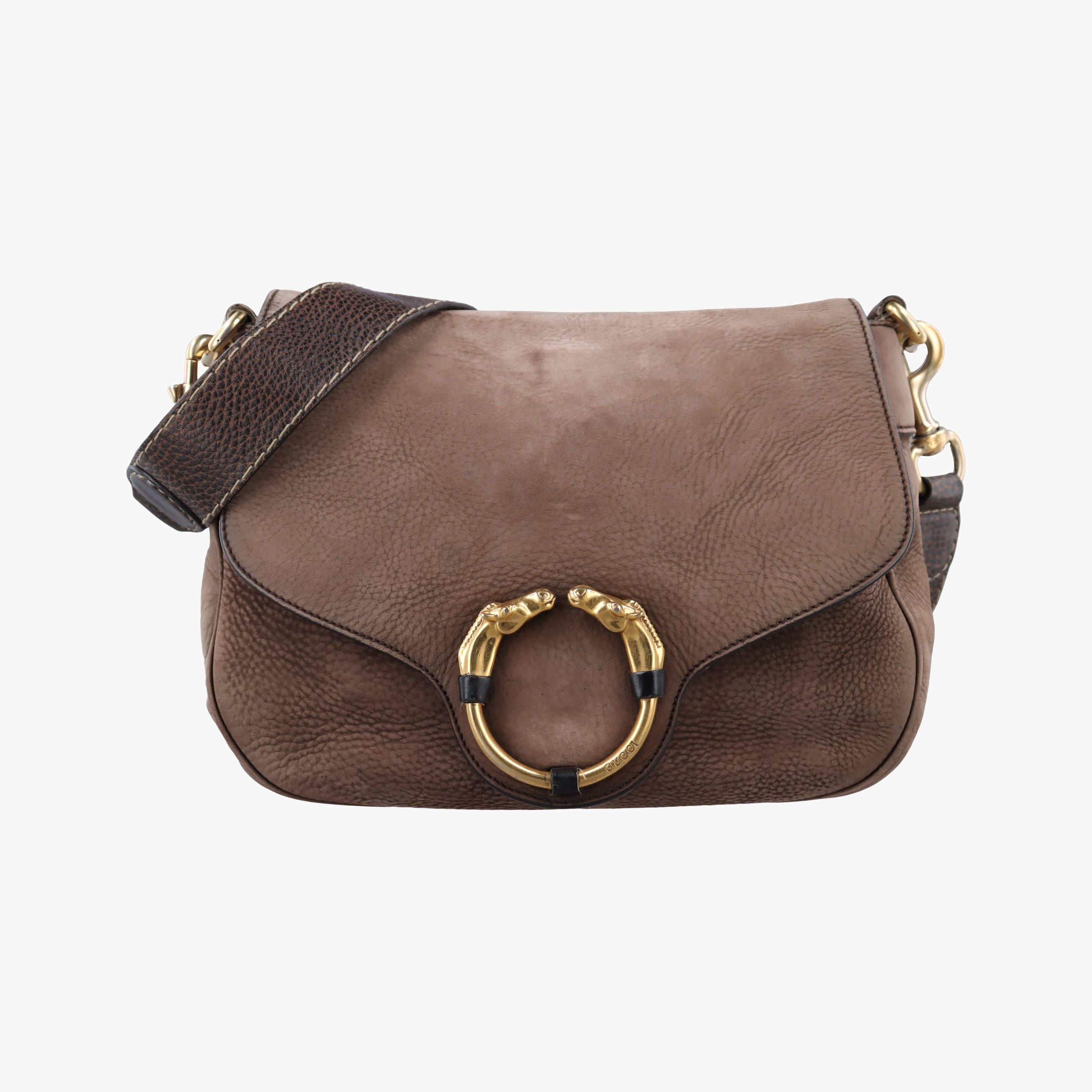 Pre-owned Gucci Ribot Horse Head Flap Brown Suede 296881 shoulderbag | stylenewstar