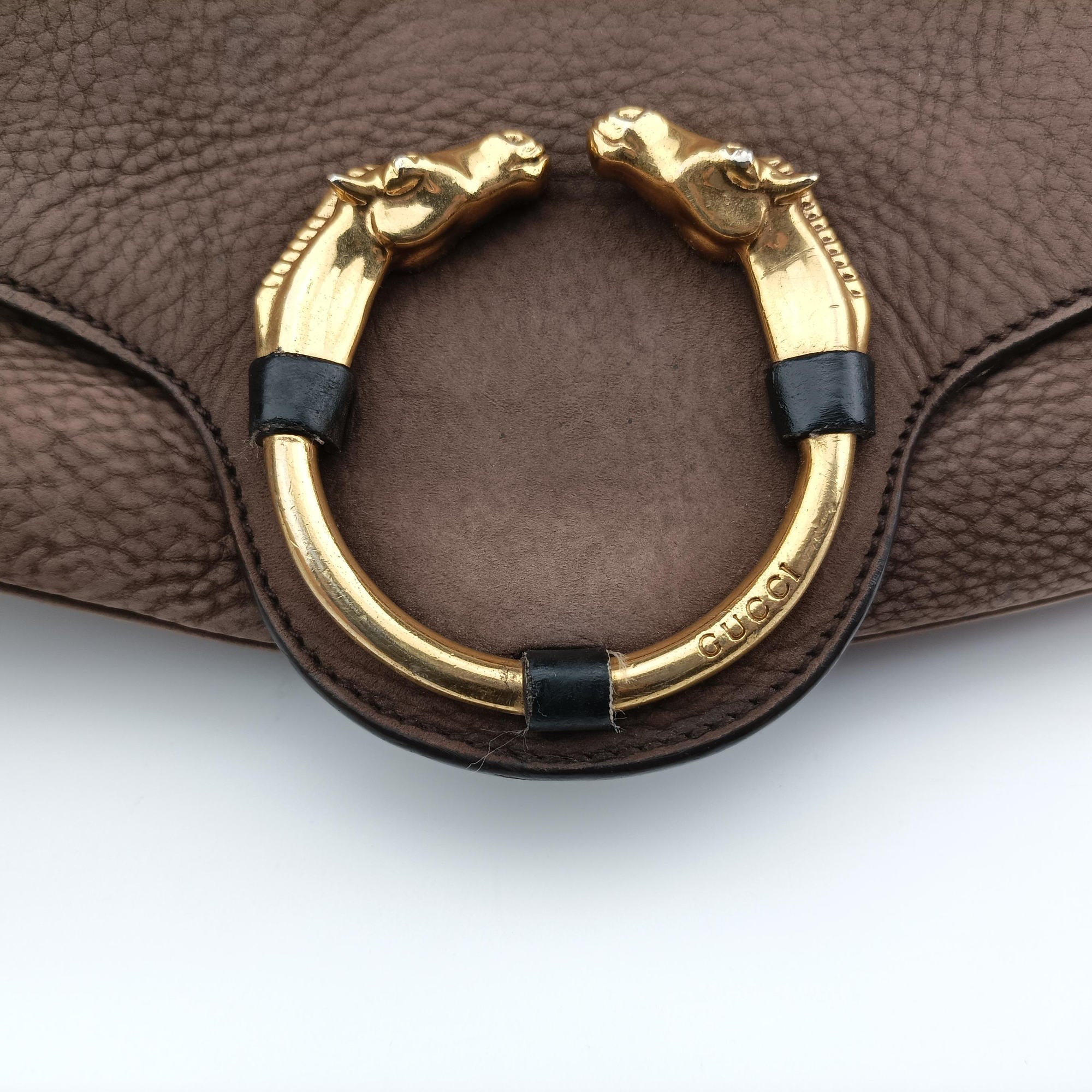 Pre-owned Gucci Ribot Horse Head Flap Brown Suede 296881 shoulderbag | stylenewstar