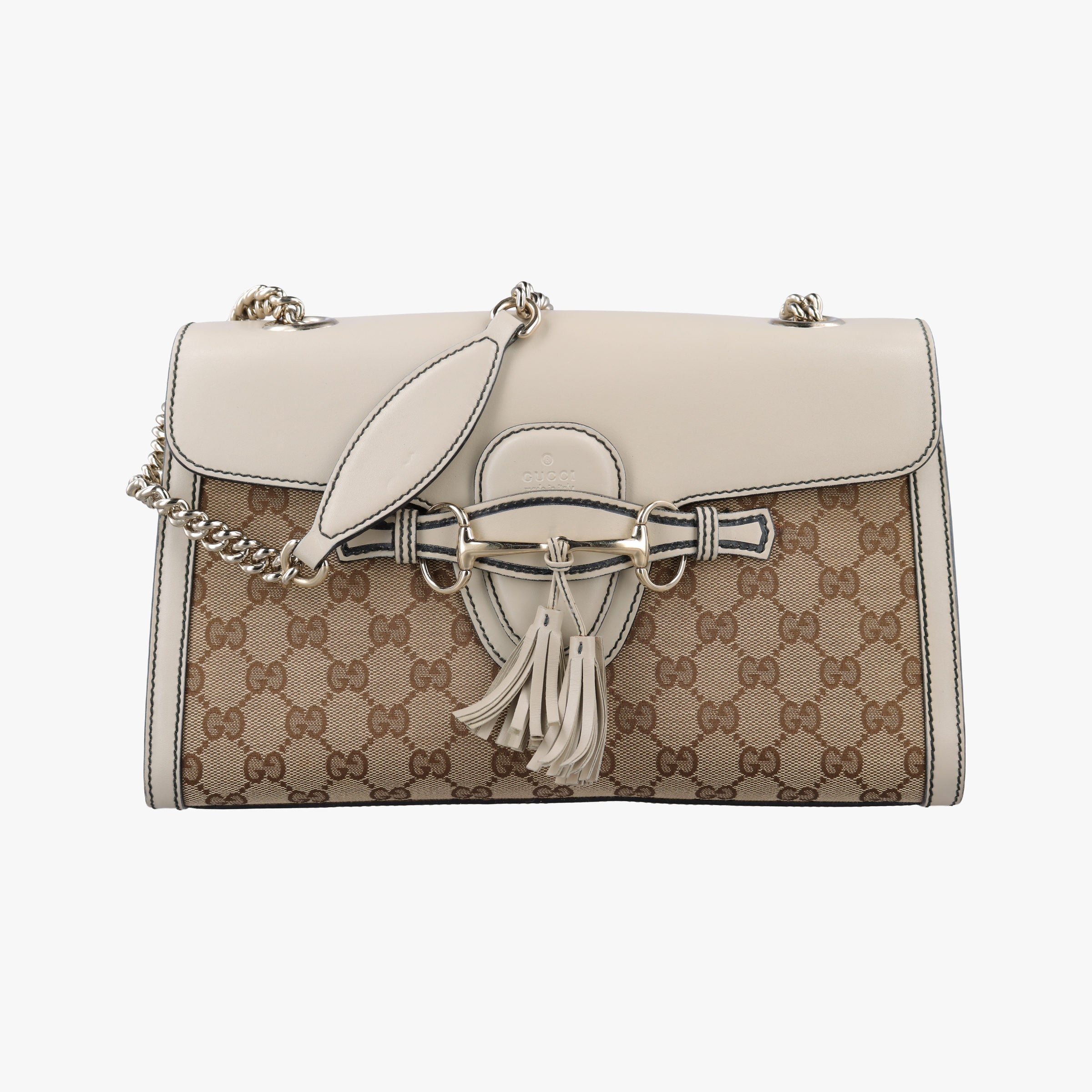 Pre-owned Gucci Emily Beige×white Leather×canvas 295402 shoulderbag | stylenewstar