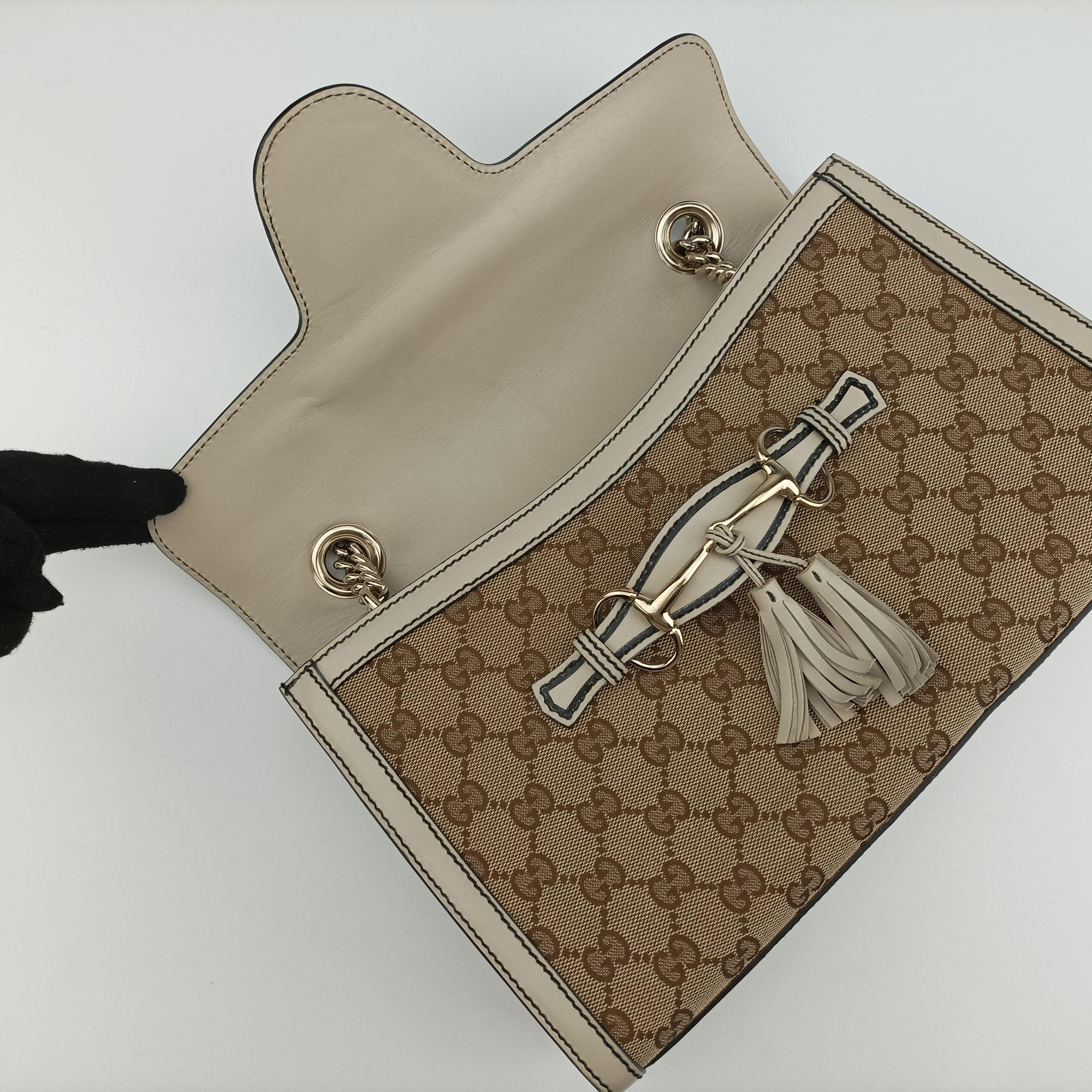 Pre-owned Gucci Emily Beige×white Leather×canvas 295402 shoulderbag | stylenewstar