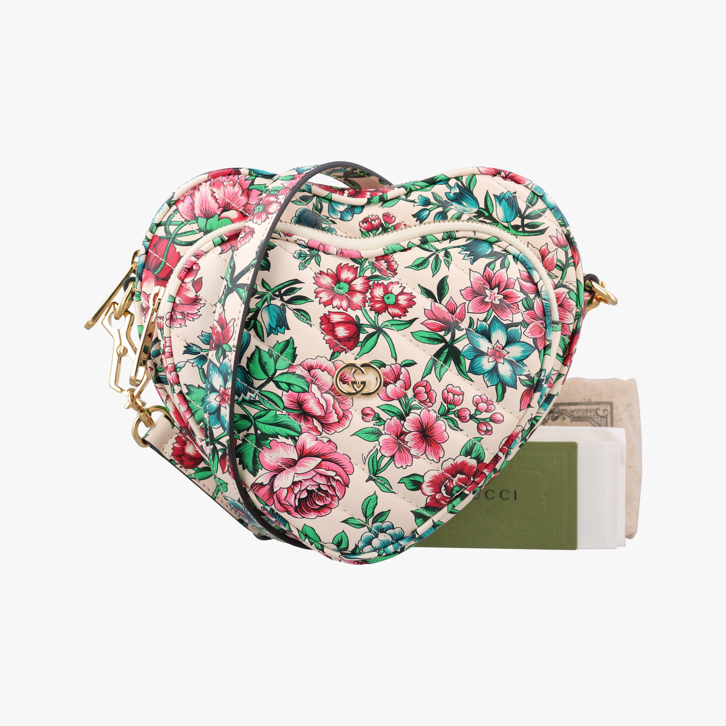 Pre-owned Gucci Interlocking G Flower Print Heart White×Multicolour Leather 740355 shoulderbag | stylenewstar