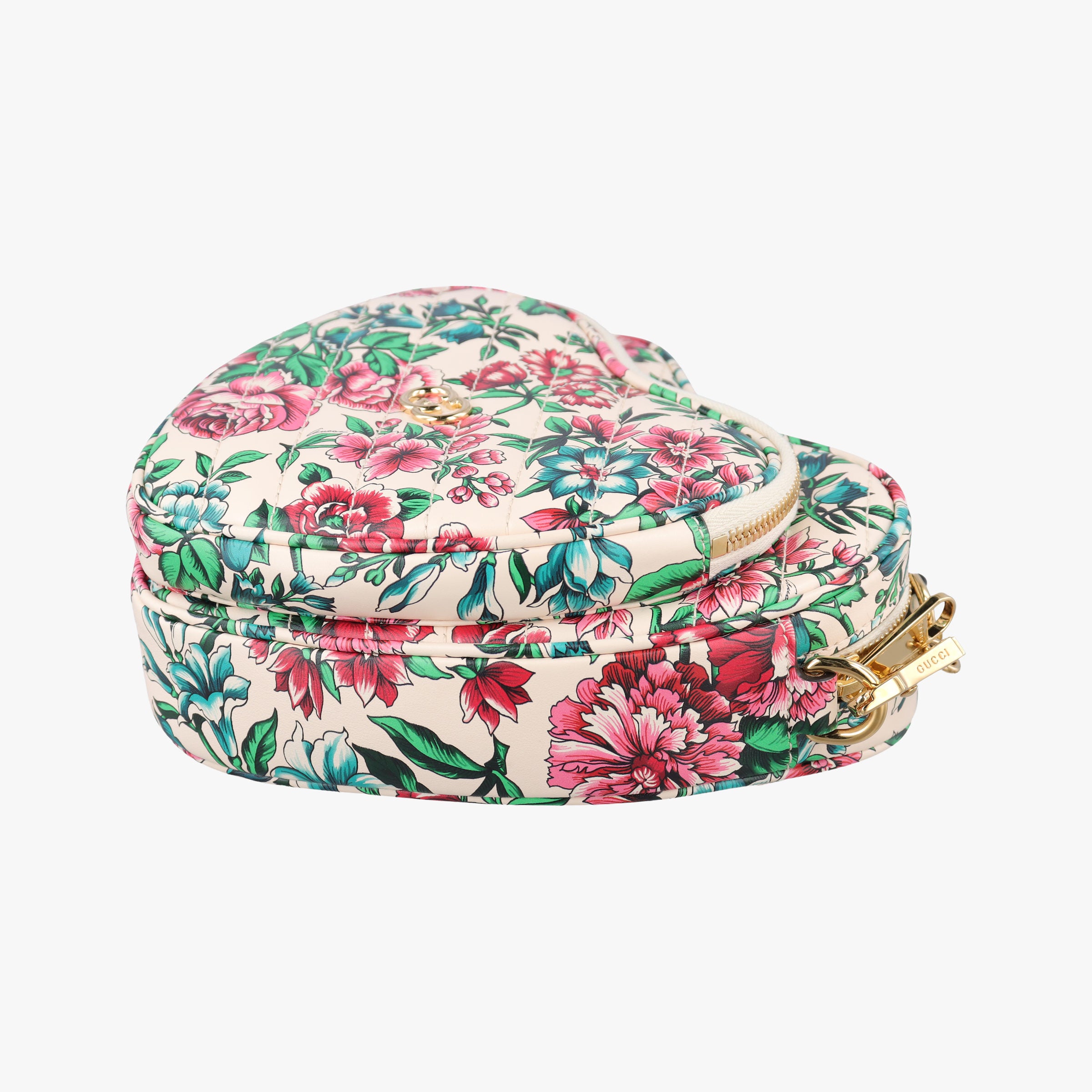 Pre-owned Gucci Interlocking G Flower Print Heart White×Multicolour Leather 740355 shoulderbag | stylenewstar
