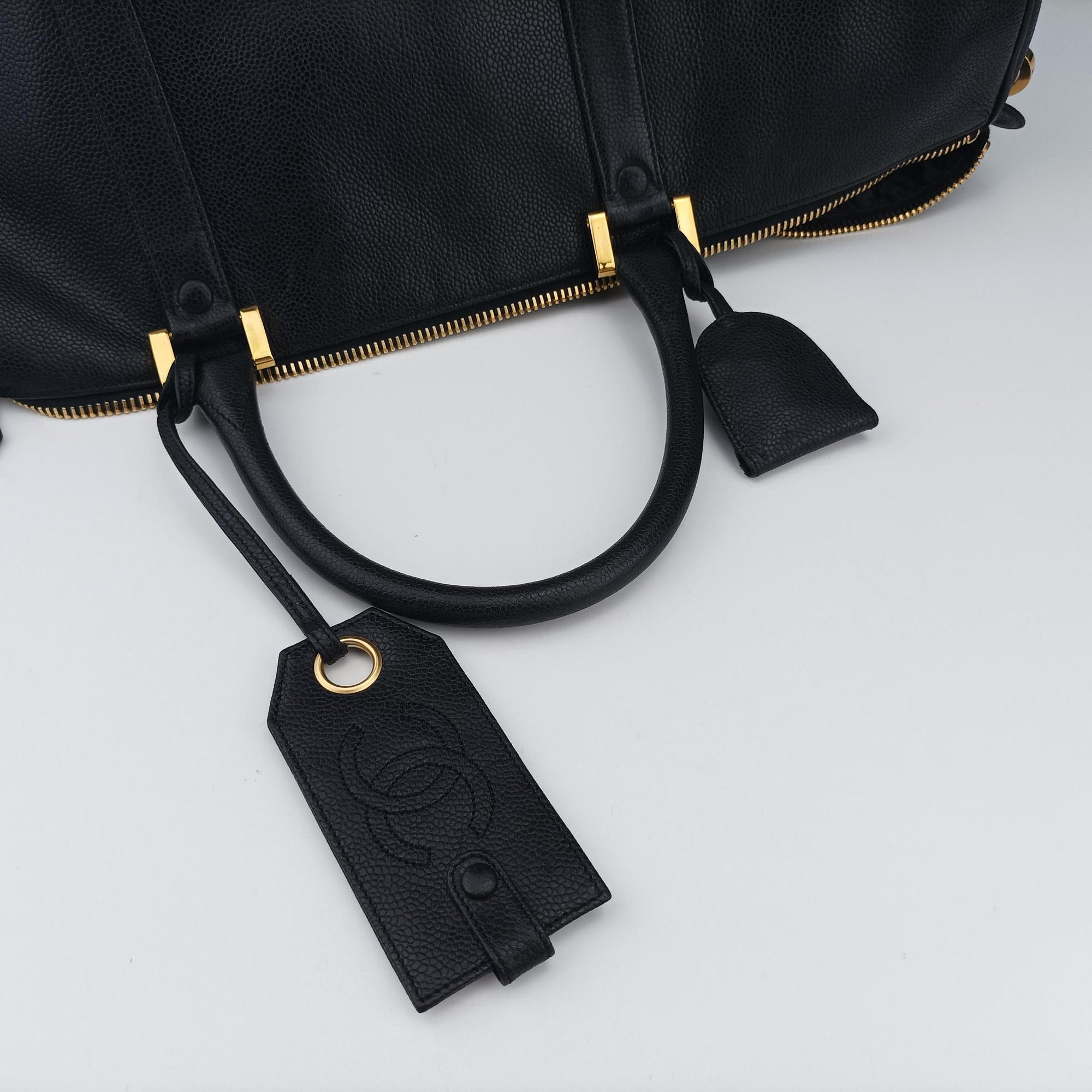 Pre-owned Chanel Deka Coco Mark Boston Black Caviar Skin A01990 handbag | stylenewstar
