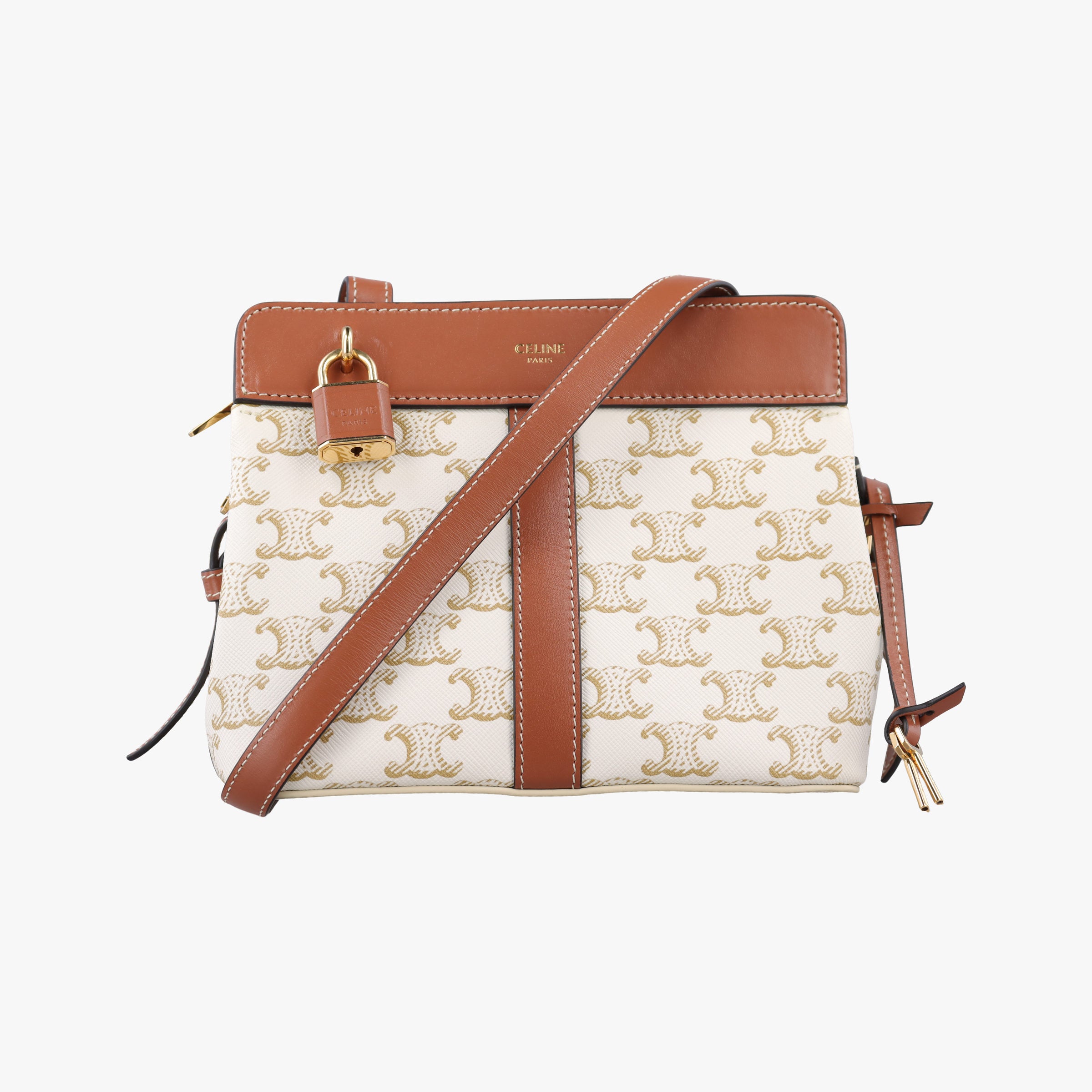 Pre-owned Celine Teen Cabas De France White×brown leather×PVC coated canvas  shoulderbag | stylenewstar