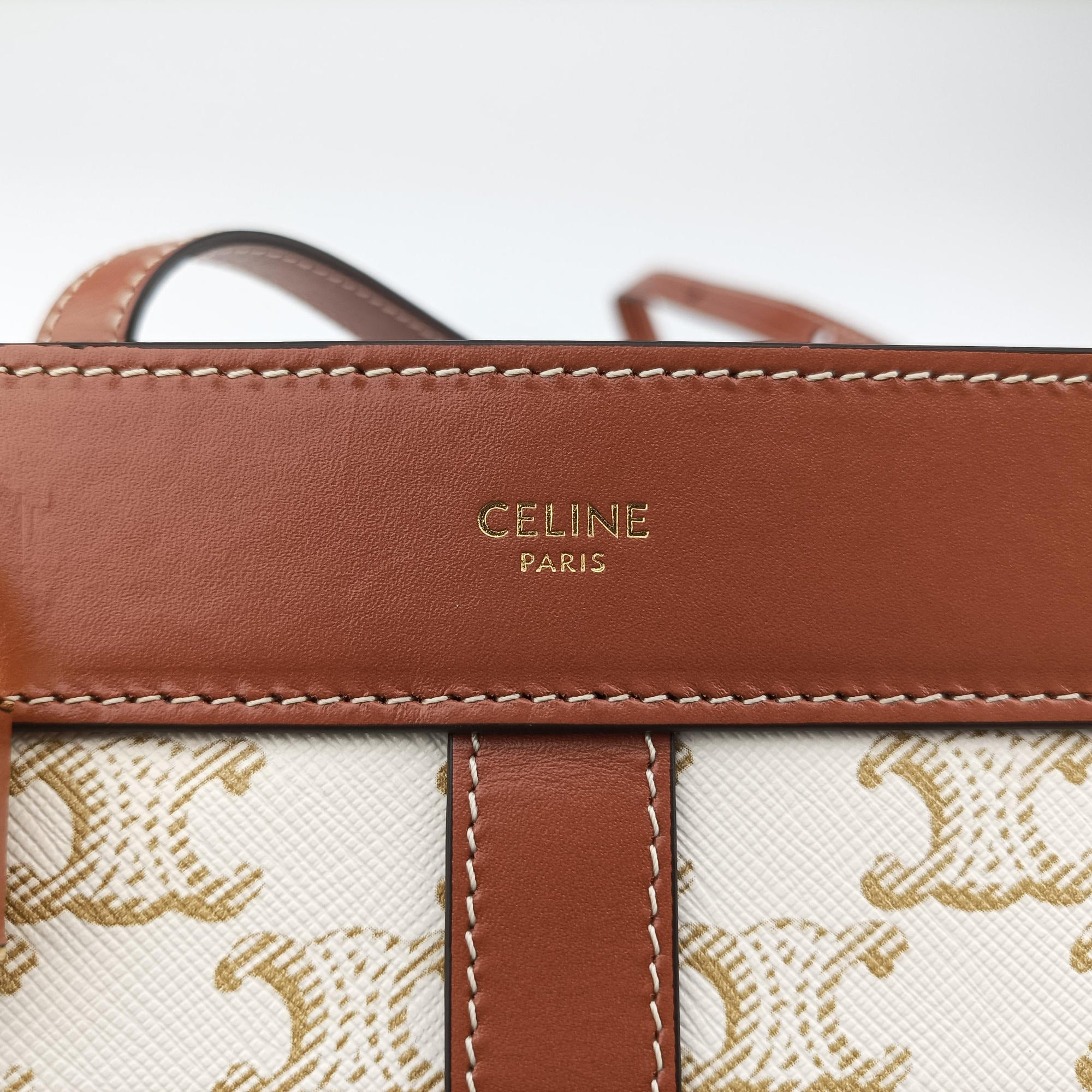 Pre-owned Celine Teen Cabas De France White×brown leather×PVC coated canvas  shoulderbag | stylenewstar