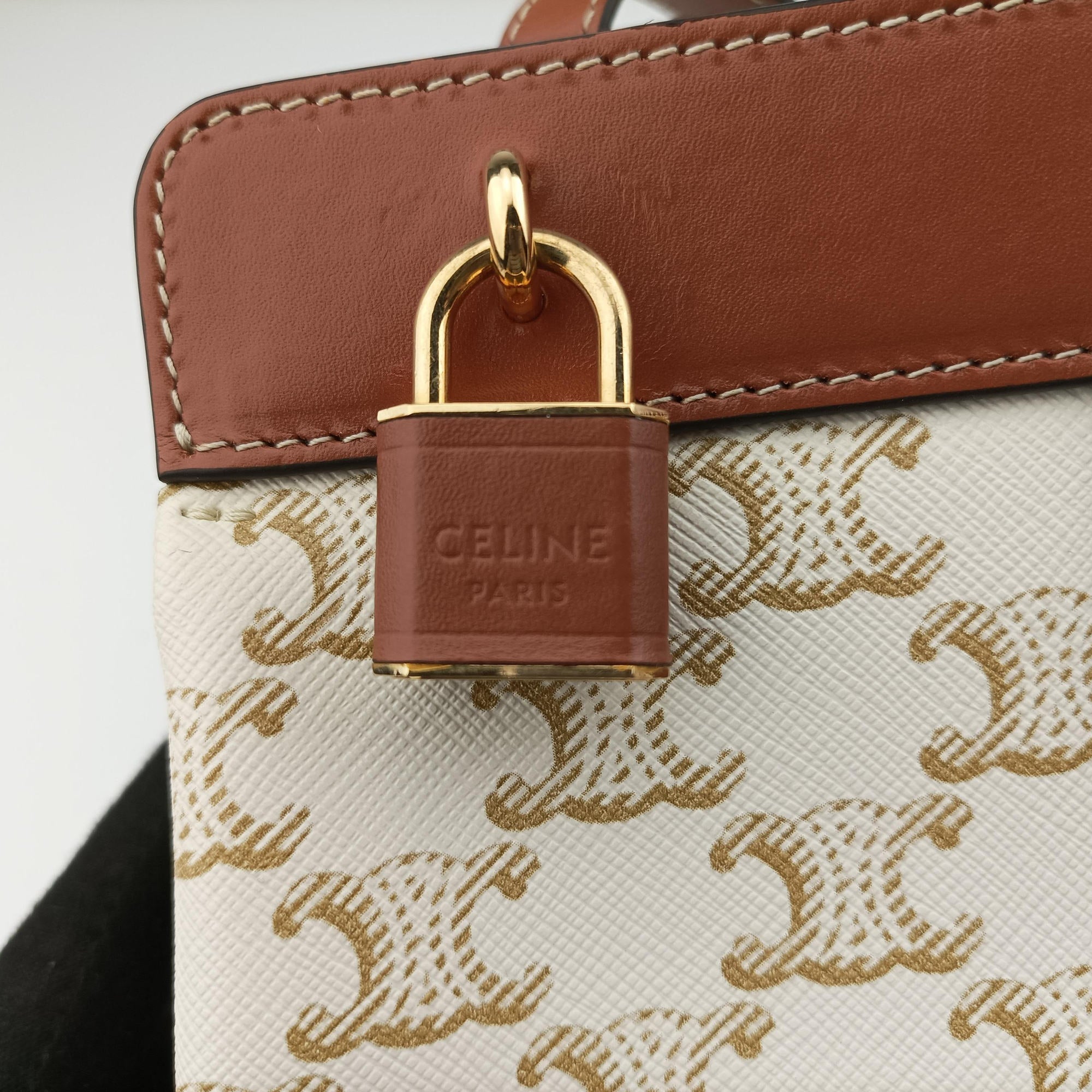 Pre-owned Celine Teen Cabas De France White×brown leather×PVC coated canvas  shoulderbag | stylenewstar