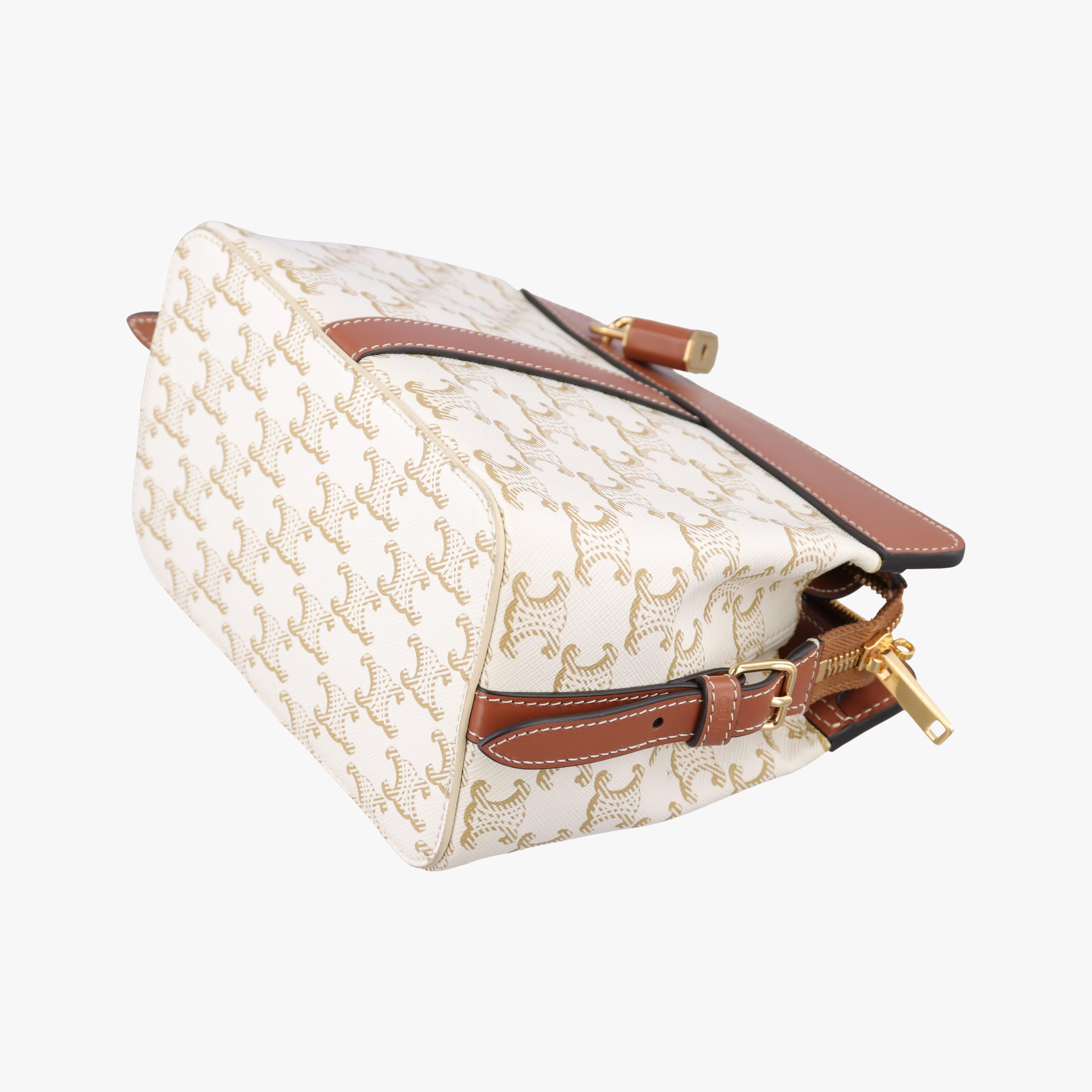 Pre-owned Celine Teen Cabas De France White×brown leather×PVC coated canvas  shoulderbag | stylenewstar