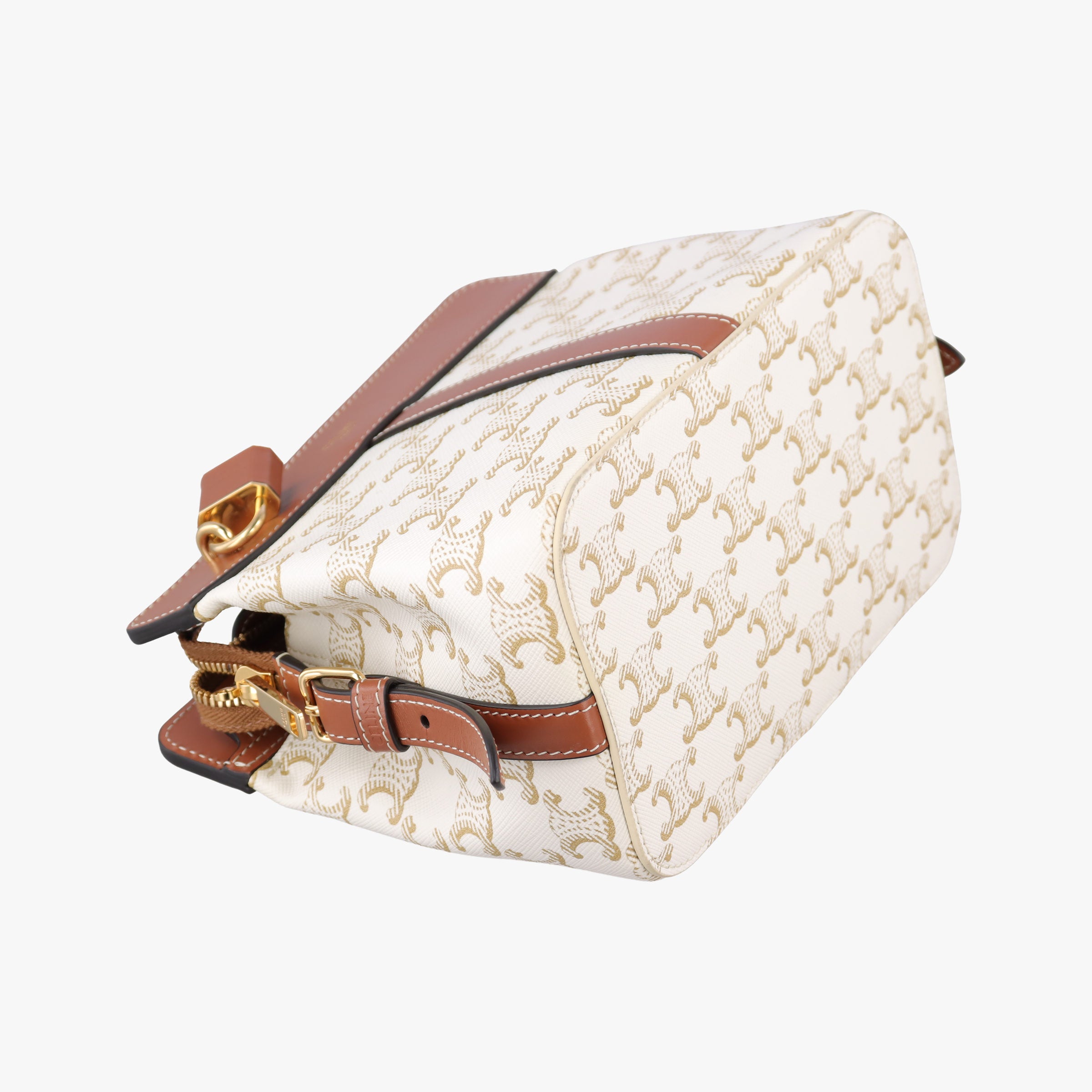 Pre-owned Celine Teen Cabas De France White×brown leather×PVC coated canvas  shoulderbag | stylenewstar