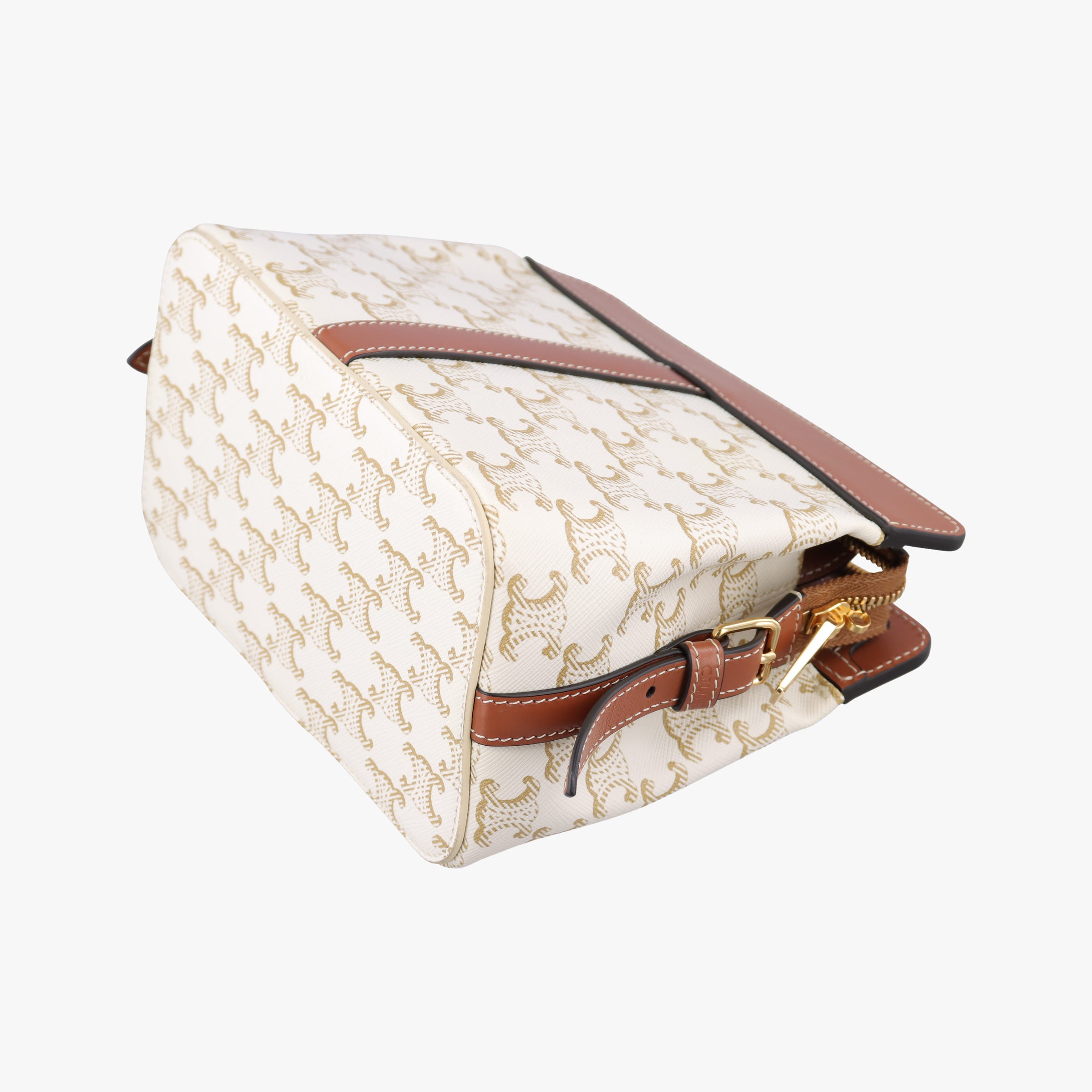 Pre-owned Celine Teen Cabas De France White×brown leather×PVC coated canvas  shoulderbag | stylenewstar