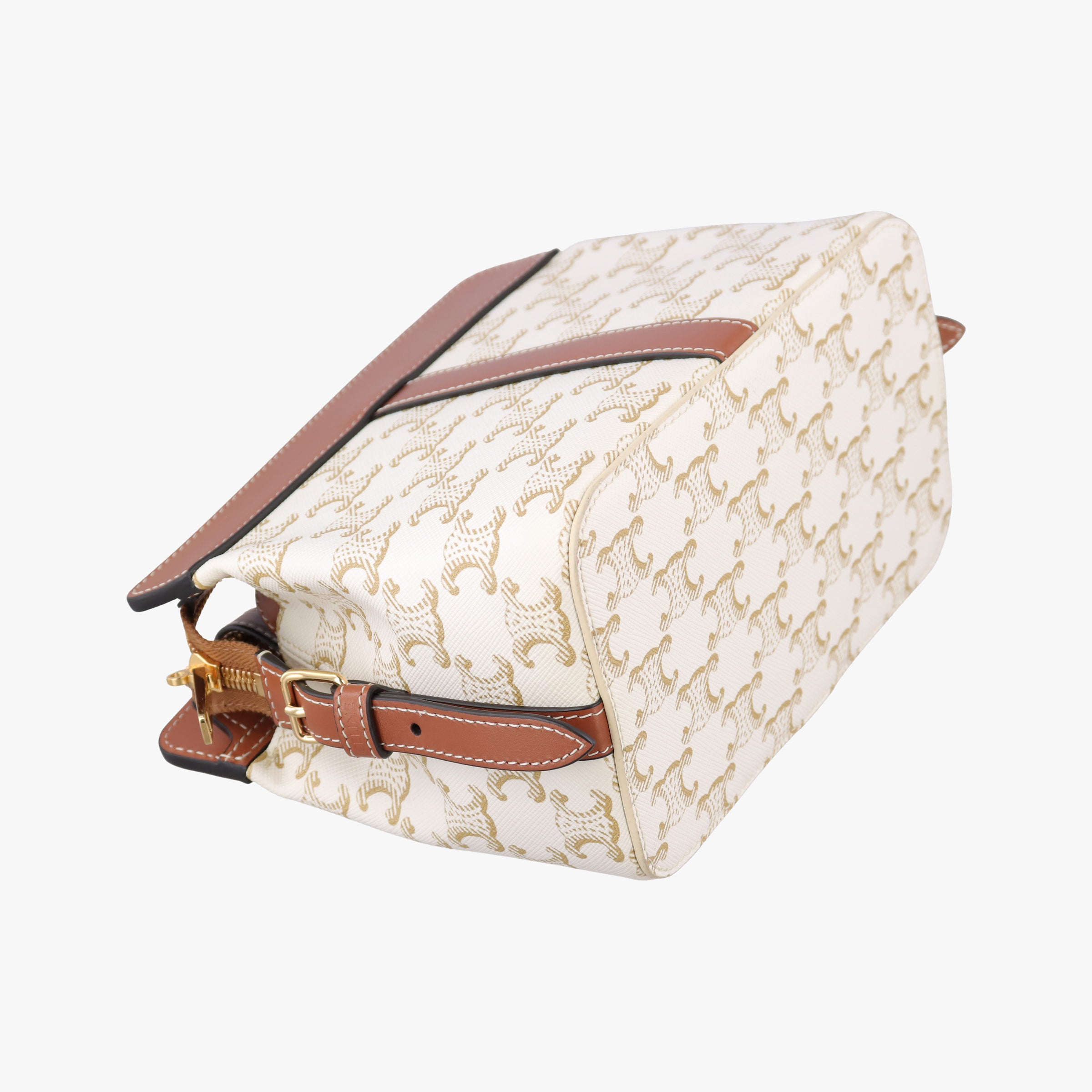 Pre-owned Celine Teen Cabas De France White×brown leather×PVC coated canvas  shoulderbag | stylenewstar