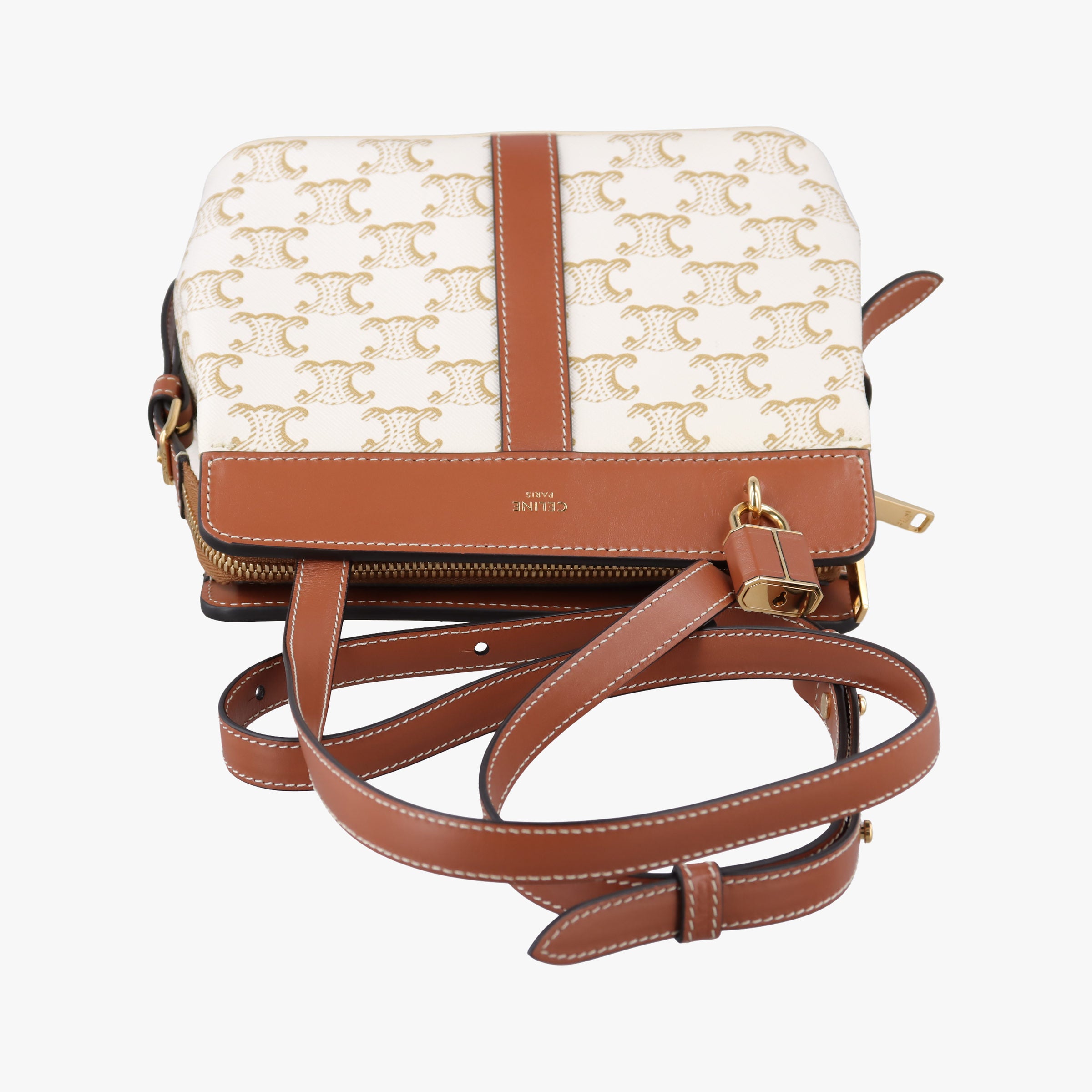 Pre-owned Celine Teen Cabas De France White×brown leather×PVC coated canvas  shoulderbag | stylenewstar