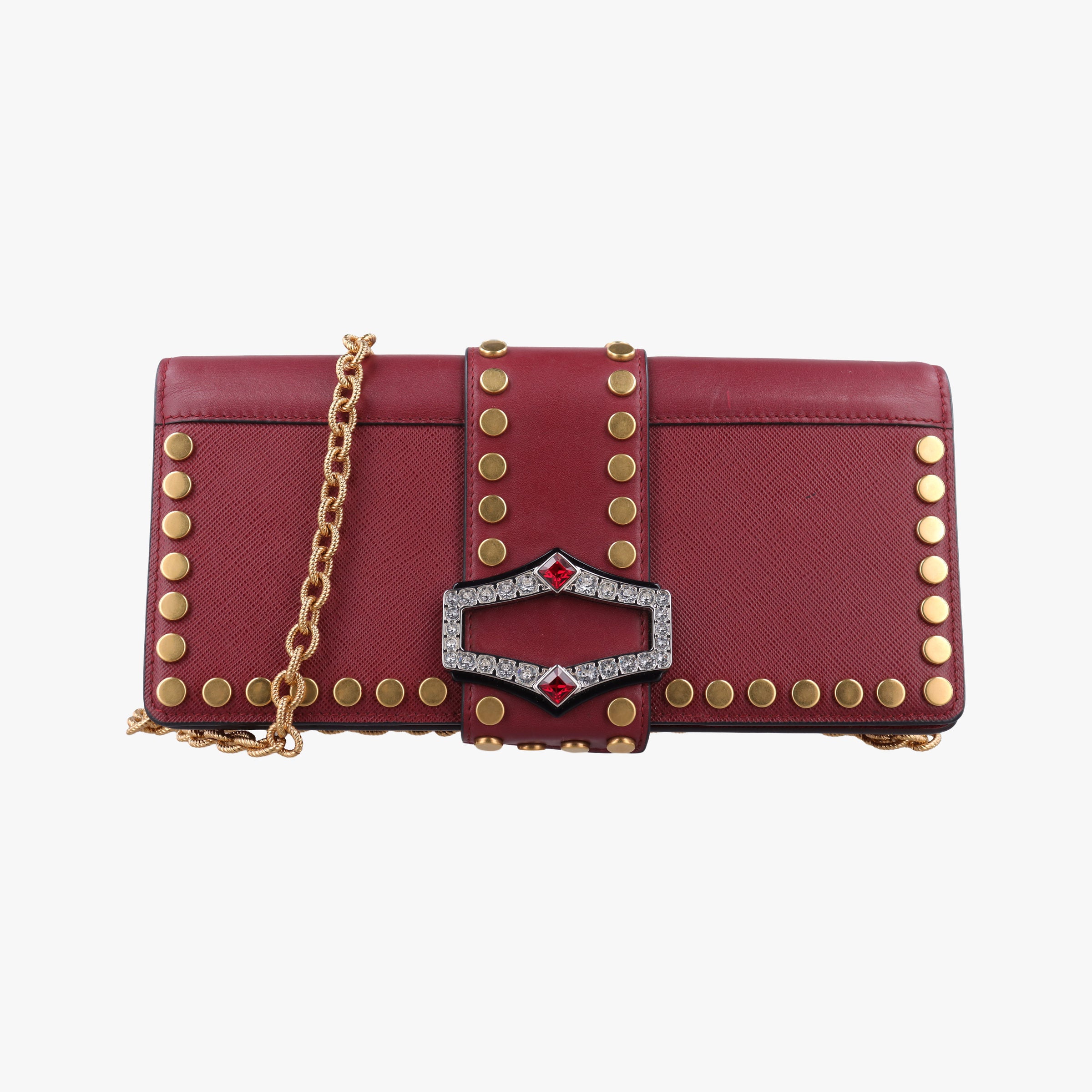 Pre-owned Prada Studded Bijoux Red Saffiano Textured Leather  shoulderbag | stylenewstar