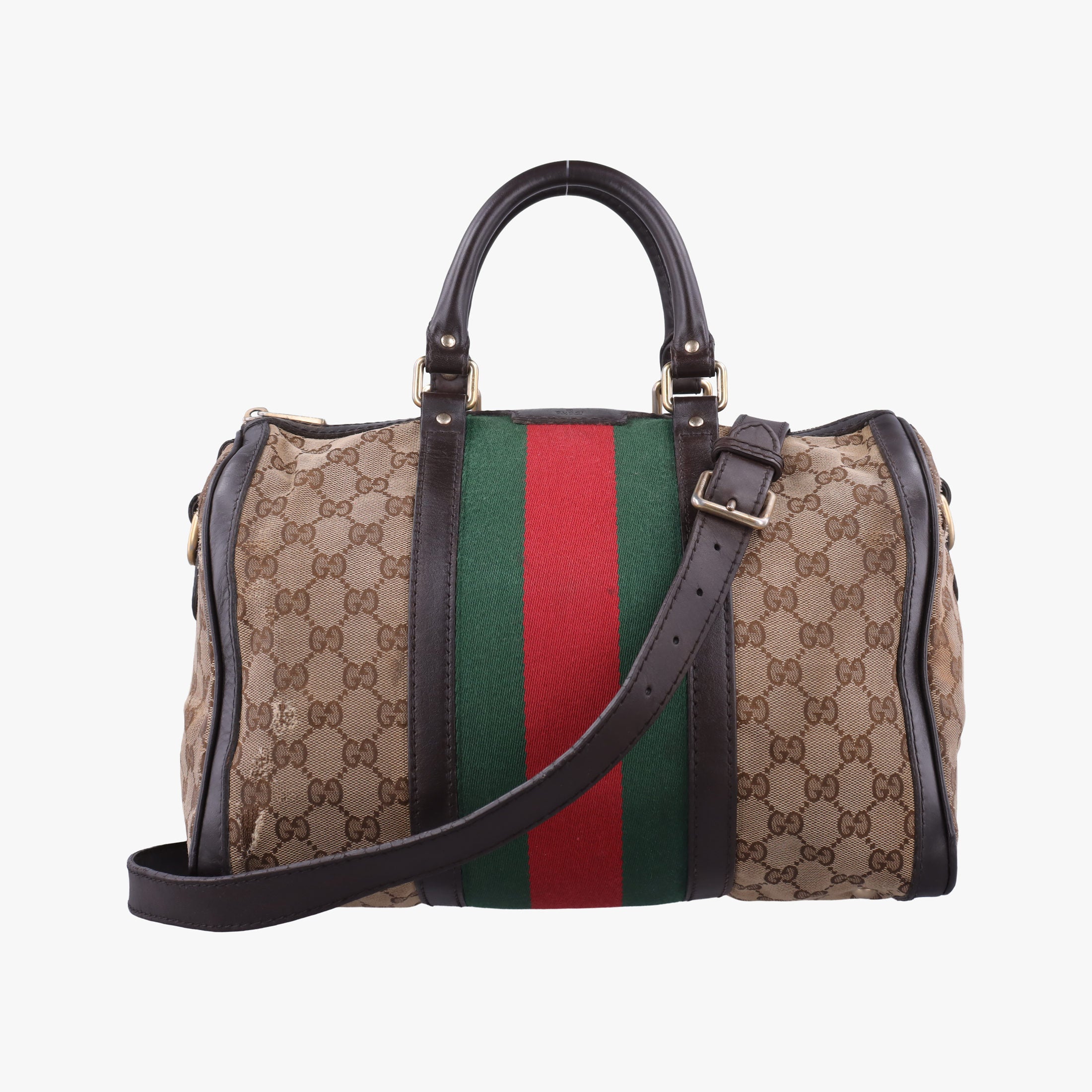 Pre-owned Gucci Sherry Line Beige×green×red canvas×leather 247205 shoulderbag | stylenewstar