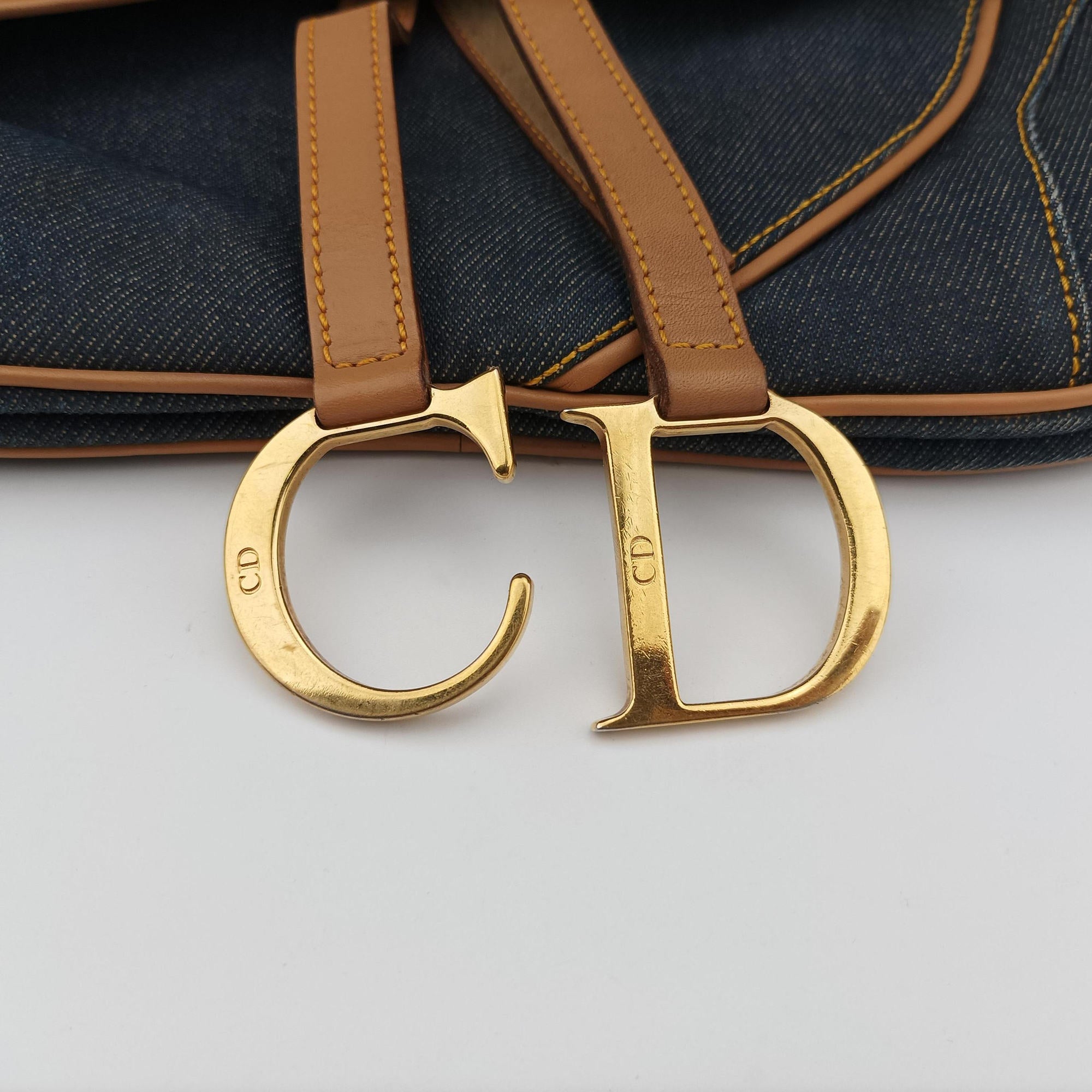 Pre-owned Christian Dior saddle Navy×Beige Denim×leather  handbag | stylenewstar