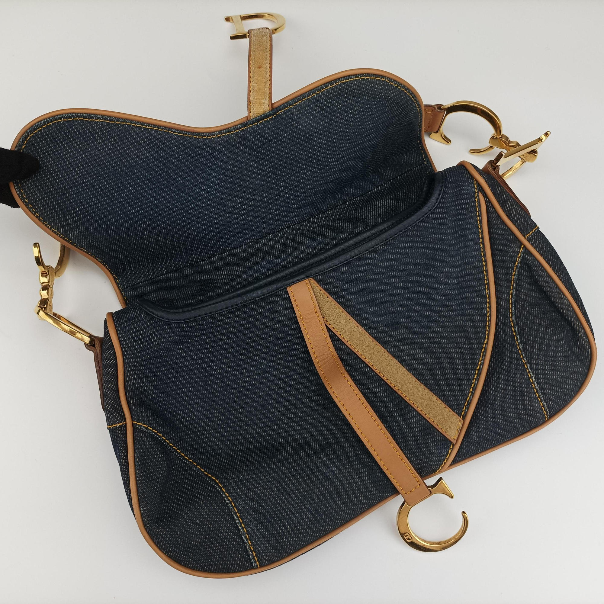 Pre-owned Christian Dior saddle Navy×Beige Denim×leather  handbag | stylenewstar