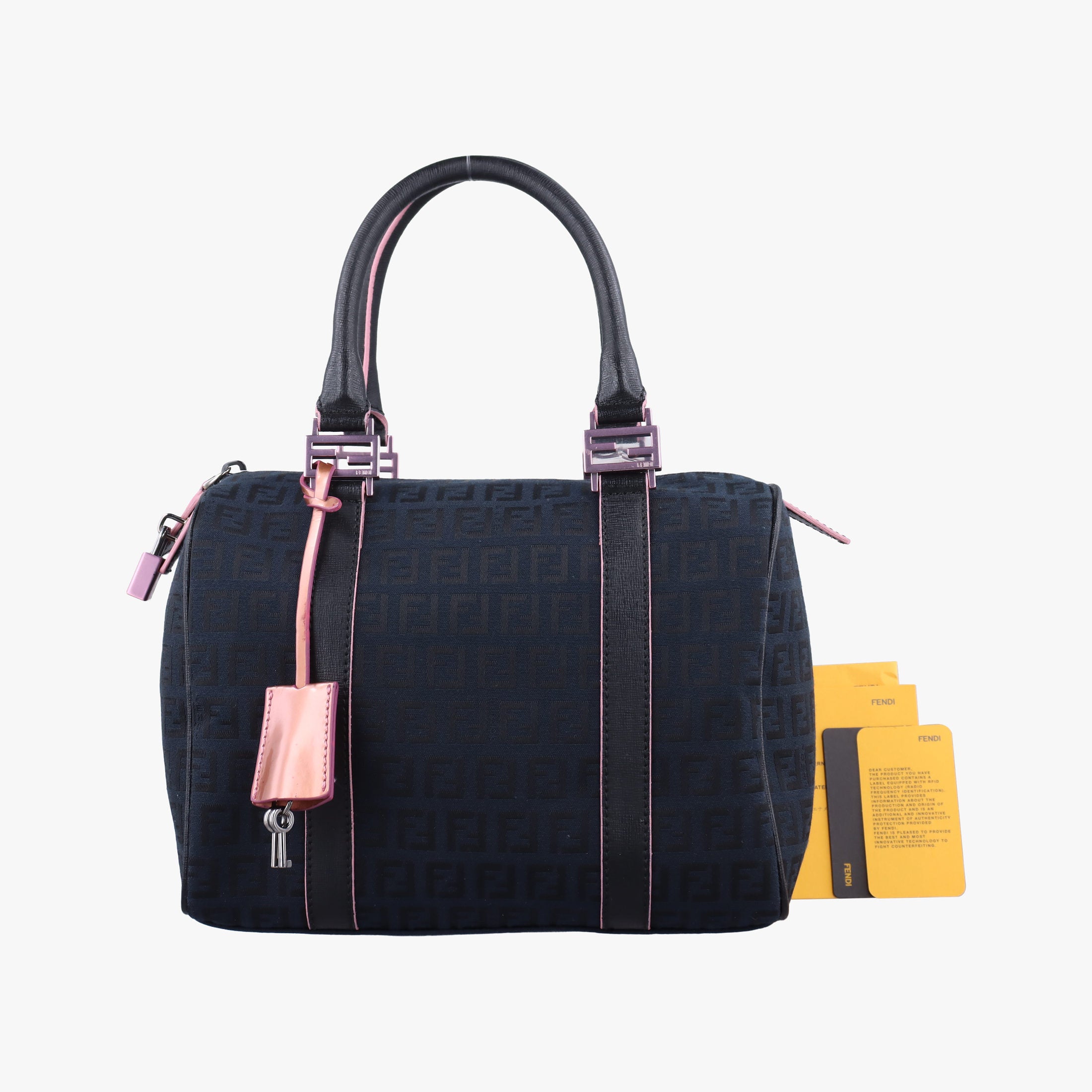 Pre-owned Fendi Forever Bauletto Zucchino Black×pink canvas×leather 8BL068 handbag | stylenewstar