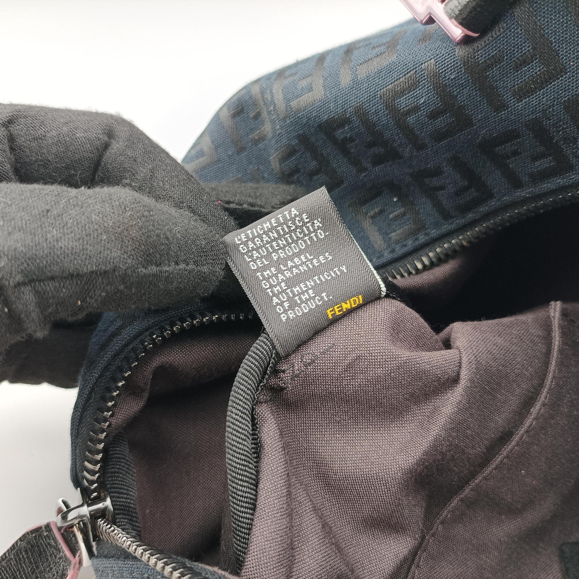 Pre-owned Fendi Forever Bauletto Zucchino Black×pink canvas×leather 8BL068 handbag | stylenewstar