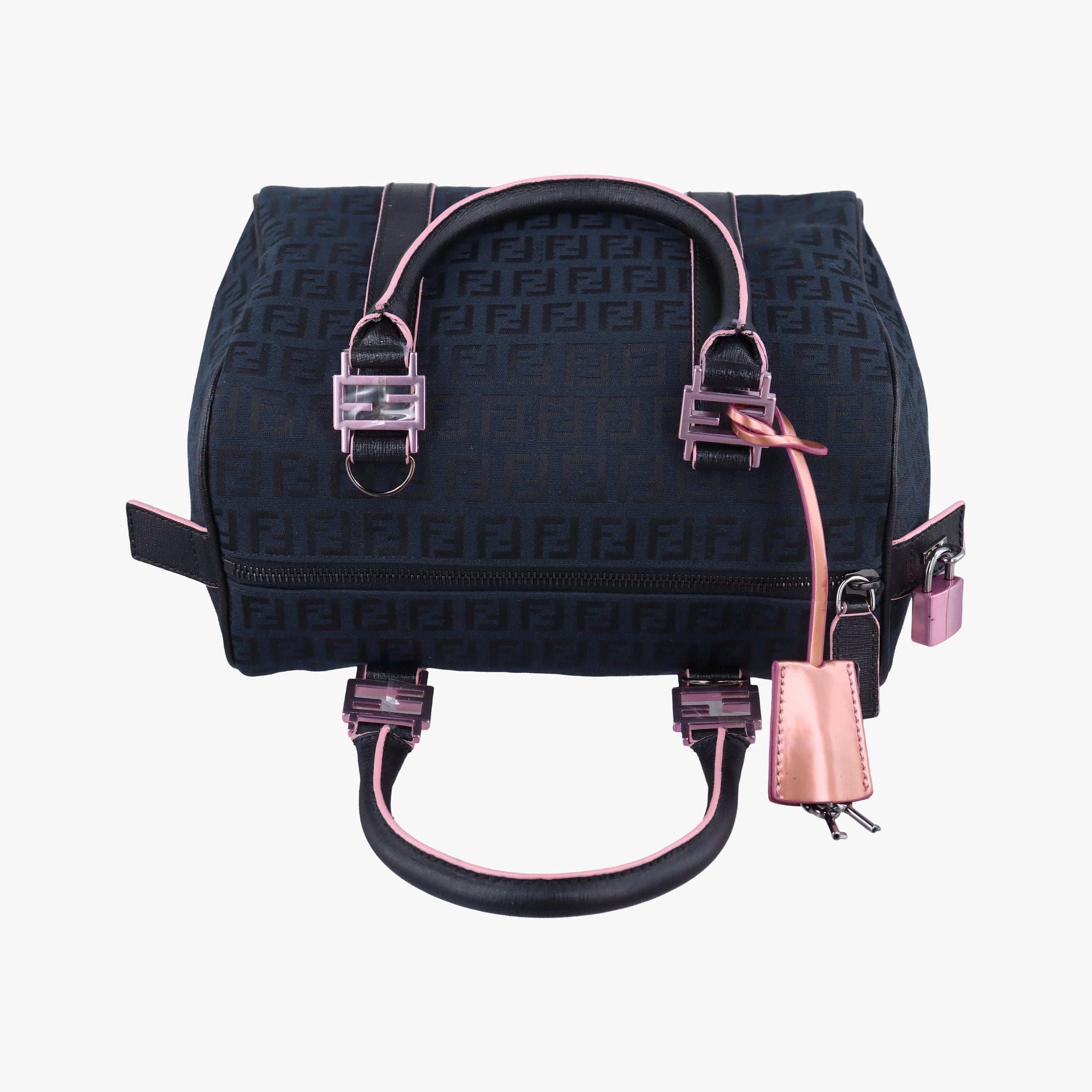 Pre-owned Fendi Forever Bauletto Zucchino Black×pink canvas×leather 8BL068 handbag | stylenewstar