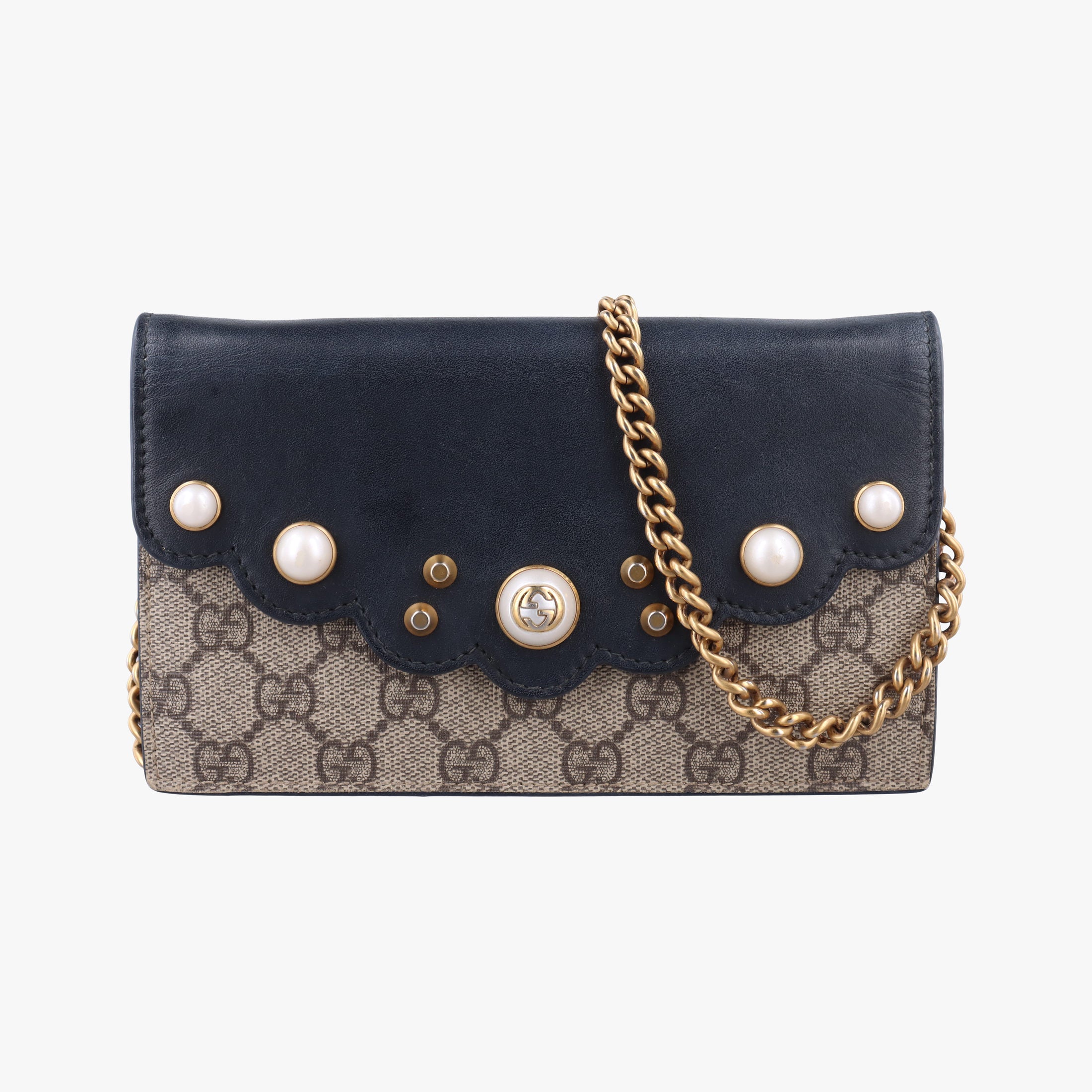 Vintage Gucci Peony Pearl Studded GG Supreme beige×black PVC coated canvas×Leather 431478 shoulderbag | stylenewstar