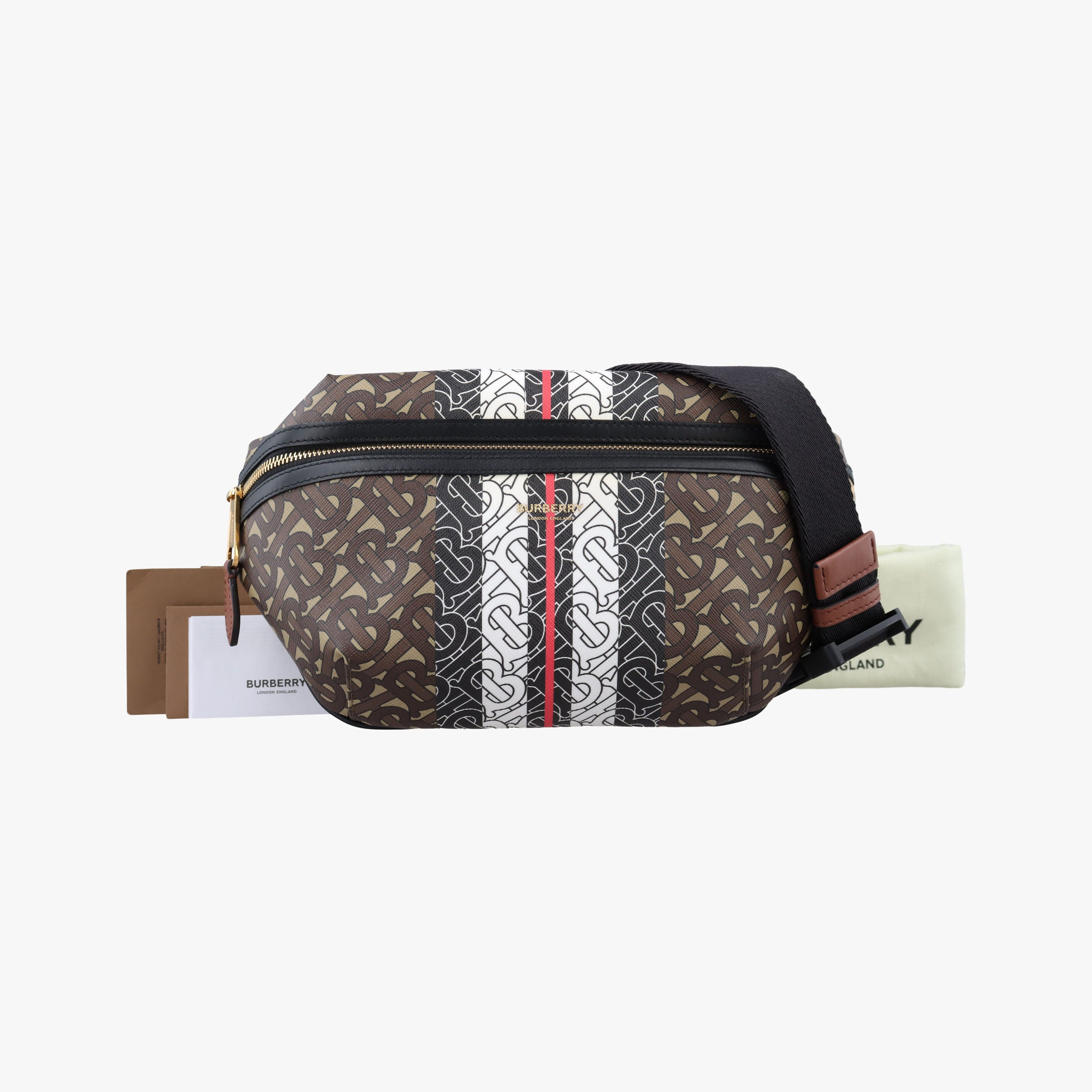 Pre-owned Burberry Monogram Stripe Brown×Multicolour PVC coated canvas x leather  bum bag/waist bag | stylenewstar