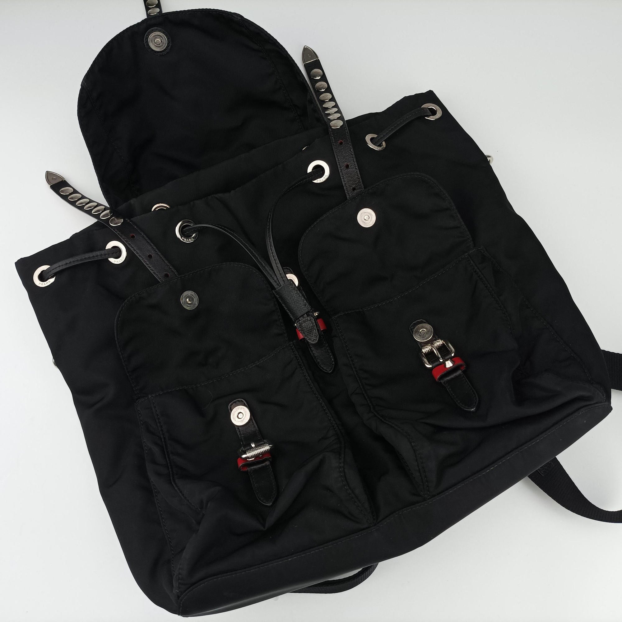 Pre-owned Prada Studded Black Nylon x leather 1BZ811 backpack/rucksack | stylenewstar