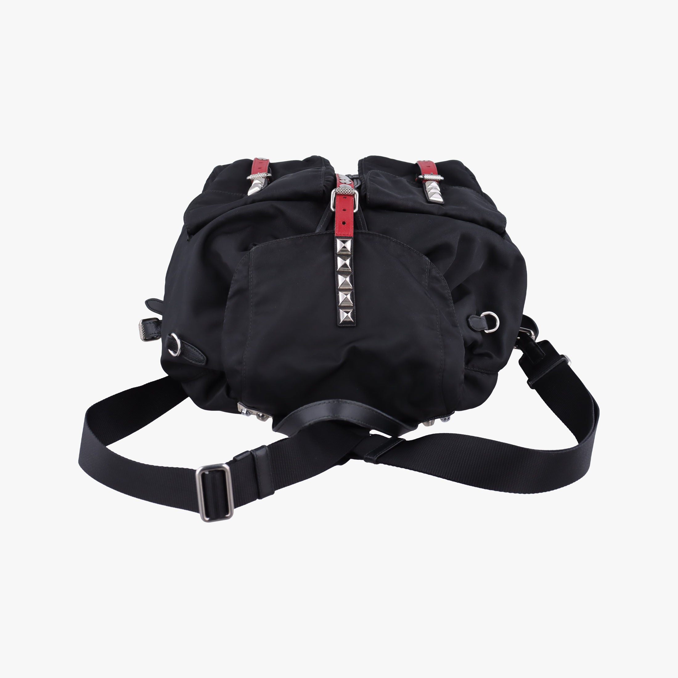Pre-owned Prada Studded Black Nylon x leather 1BZ811 backpack/rucksack | stylenewstar