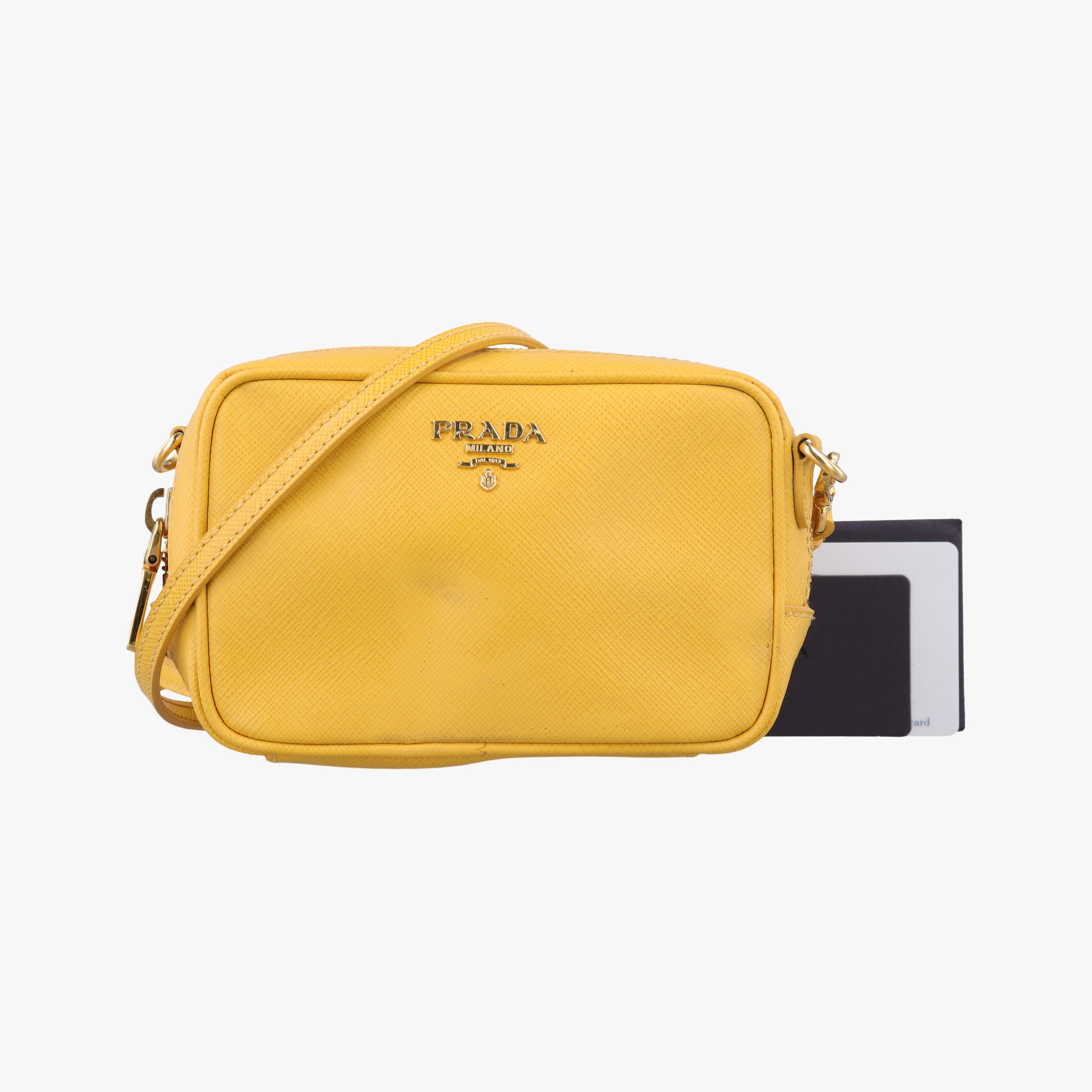 Pre-owned Prada VITELLO PHENIX Messenger Camera Yellow SAFFIANO Leather 1NF002 shoulderbag | stylenewstar