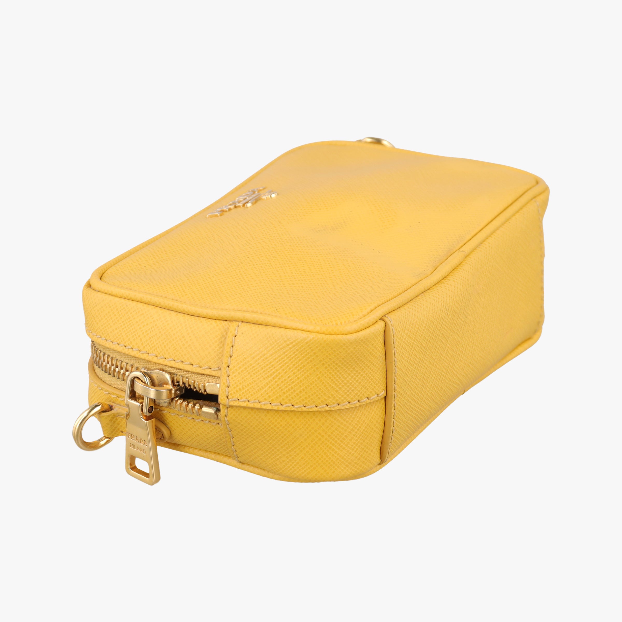 Pre-owned Prada VITELLO PHENIX Messenger Camera Yellow SAFFIANO Leather 1NF002 shoulderbag | stylenewstar