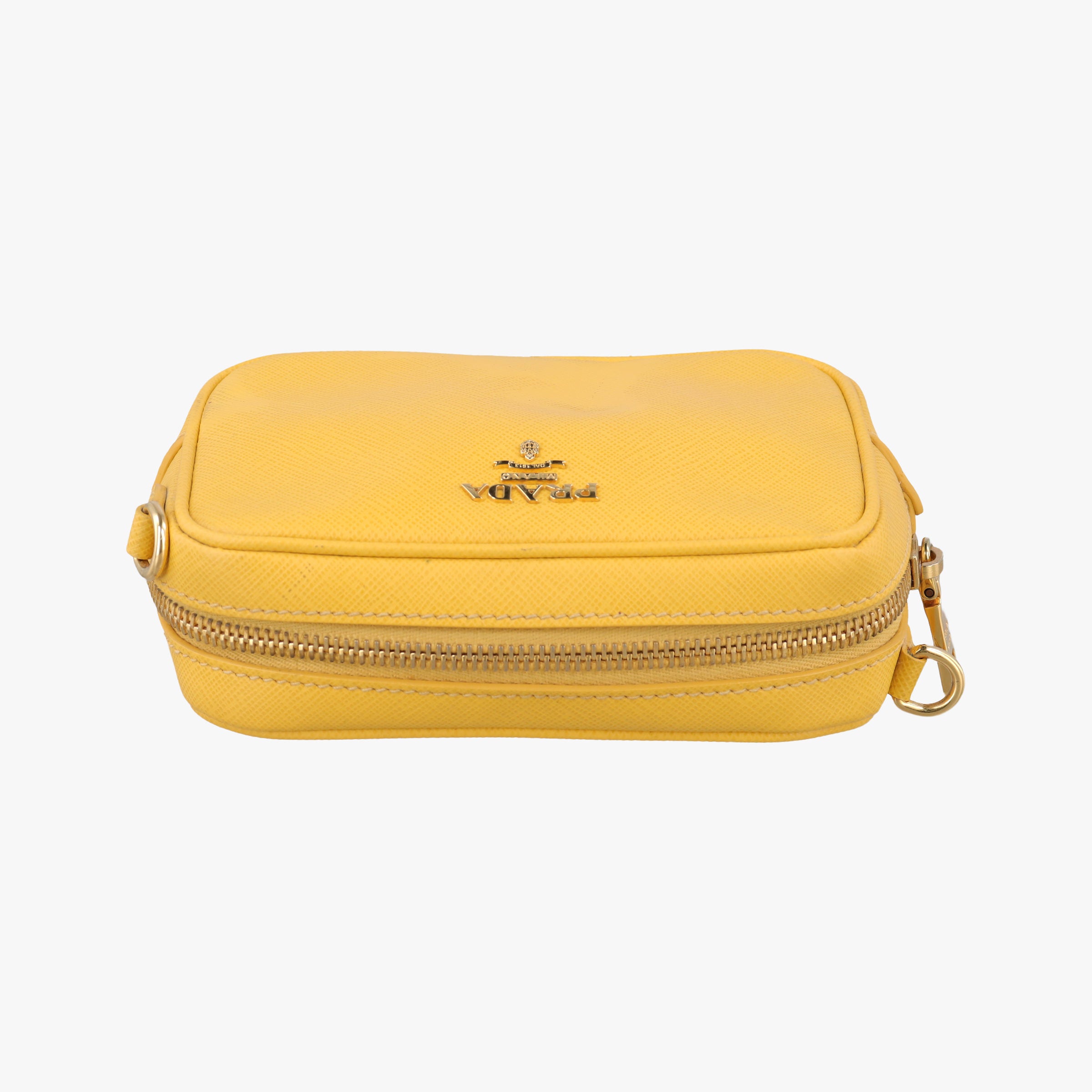 Pre-owned Prada VITELLO PHENIX Messenger Camera Yellow SAFFIANO Leather 1NF002 shoulderbag | stylenewstar