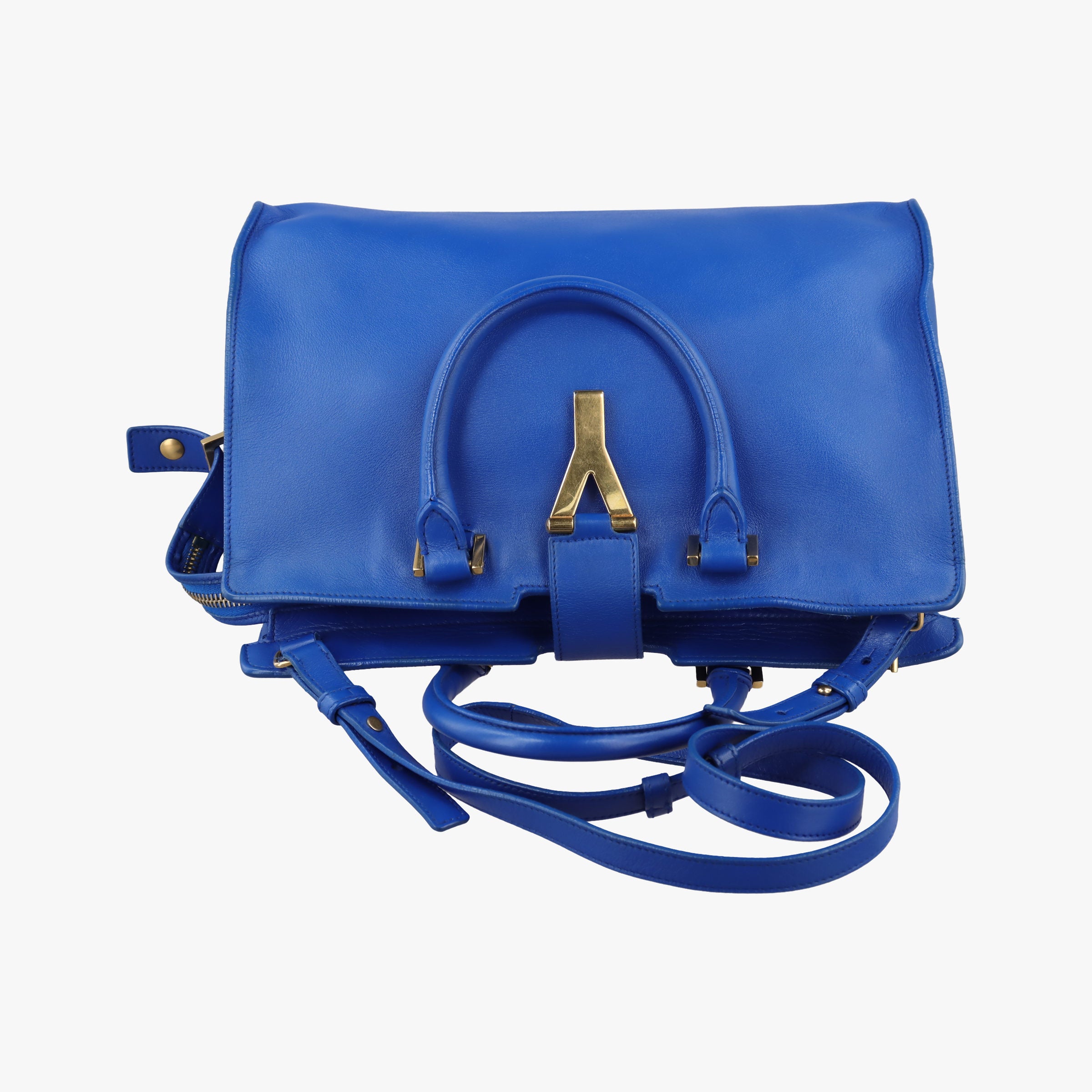 Pre-owned Yves Saint Laurent Y Ligne Petit Cabas Blue Leather 311210 shoulderbag | stylenewstar