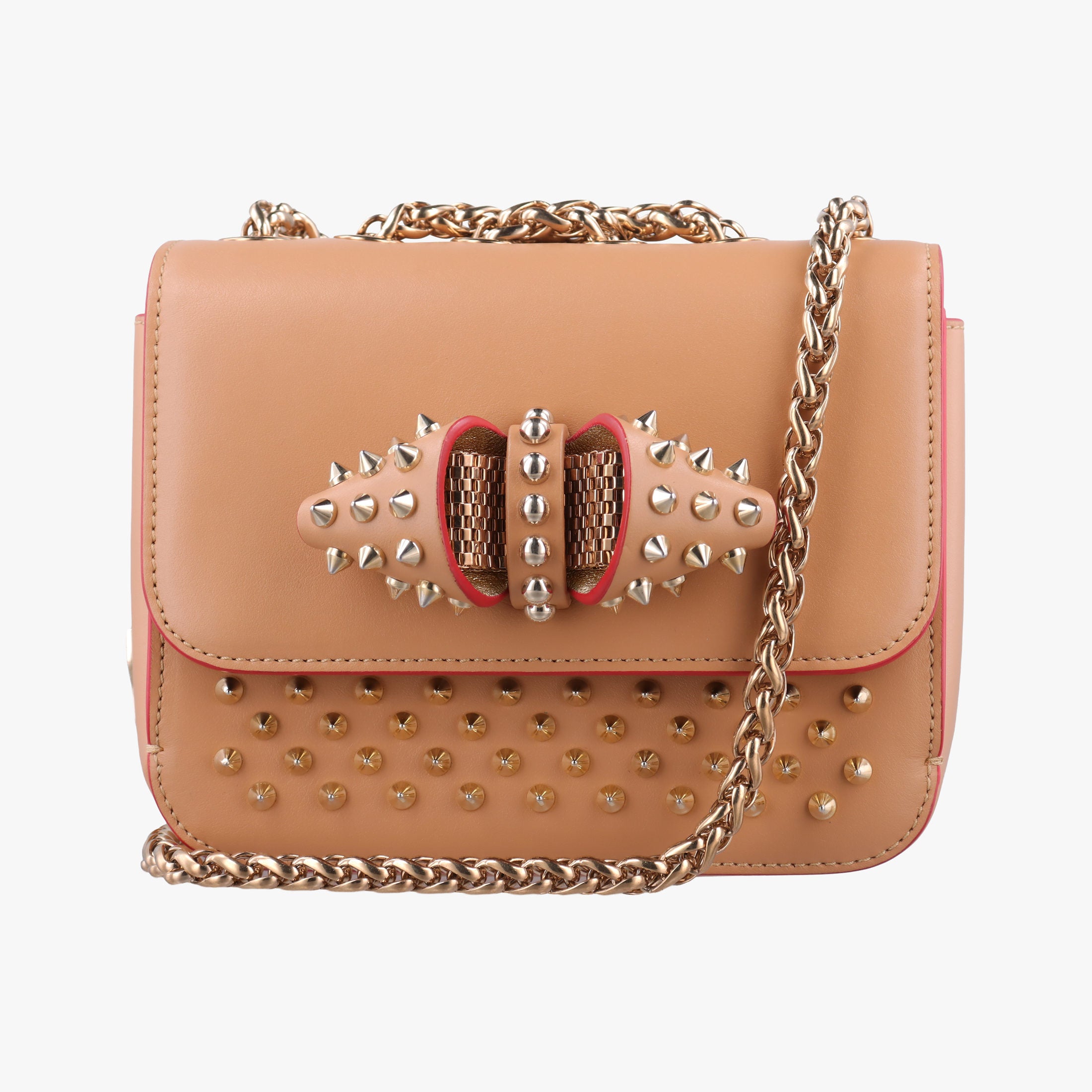 Pre-owned Christian Louboutin Night Tudor Spikes Small Sweet Charity Camel Leather  shoulderbag | stylenewstar