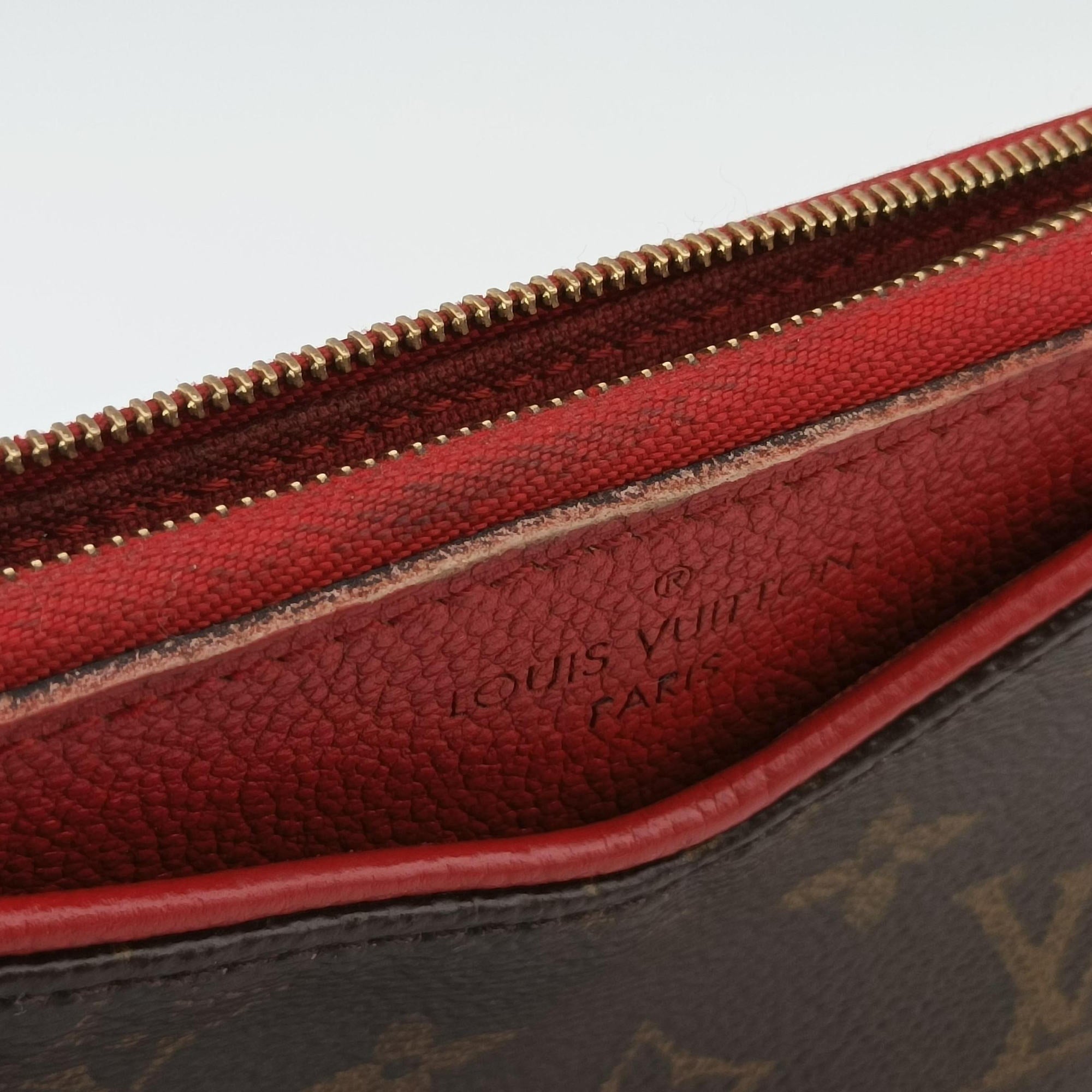 Vintage Louis Vuitton PALLAS Clutch brown×CERISE Monogram Canvas ácalf leather M41638 shoulderbag | stylenewstar