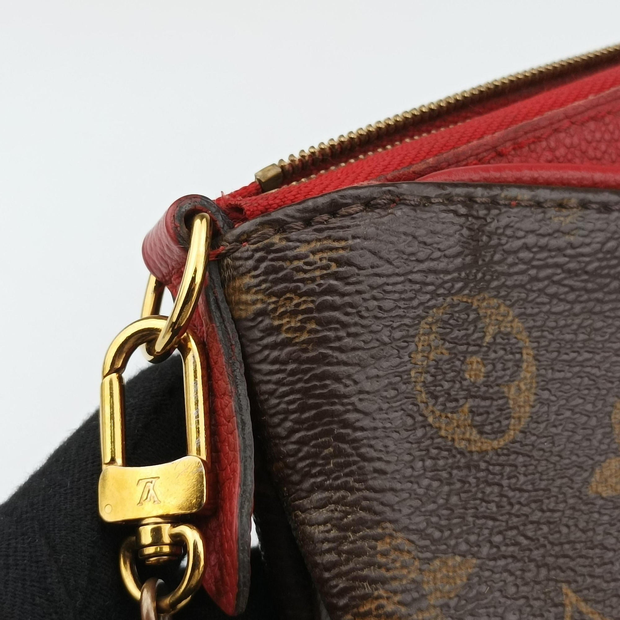 Vintage Louis Vuitton PALLAS Clutch brown×CERISE Monogram Canvas ácalf leather M41638 shoulderbag | stylenewstar